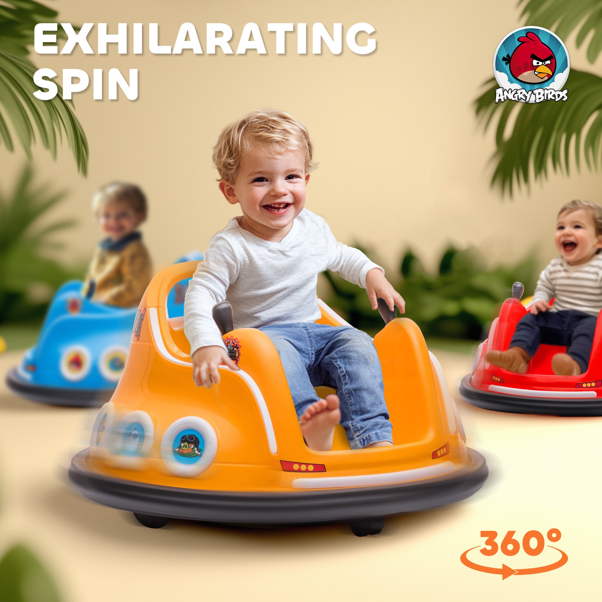 Angry Bird Licensed Waltzer Car, 12V Kids Bumper Car w/ Joysticks, Remote, Music LED Lights - Orange