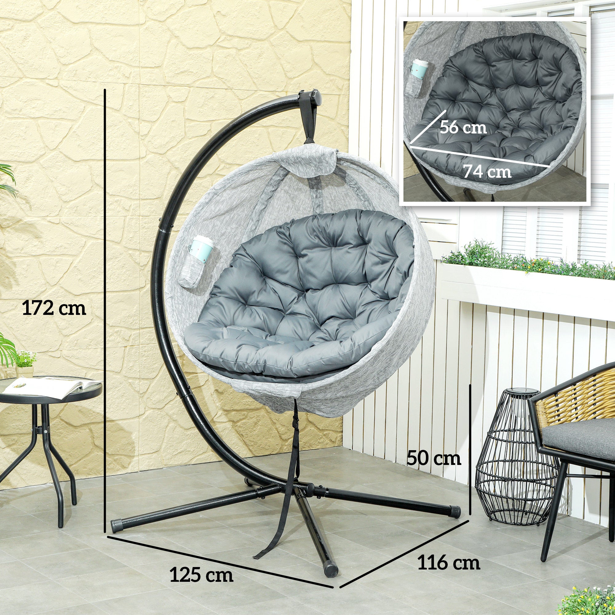 Hanging Egg Chair with Stand and Thick Cushions - Grey