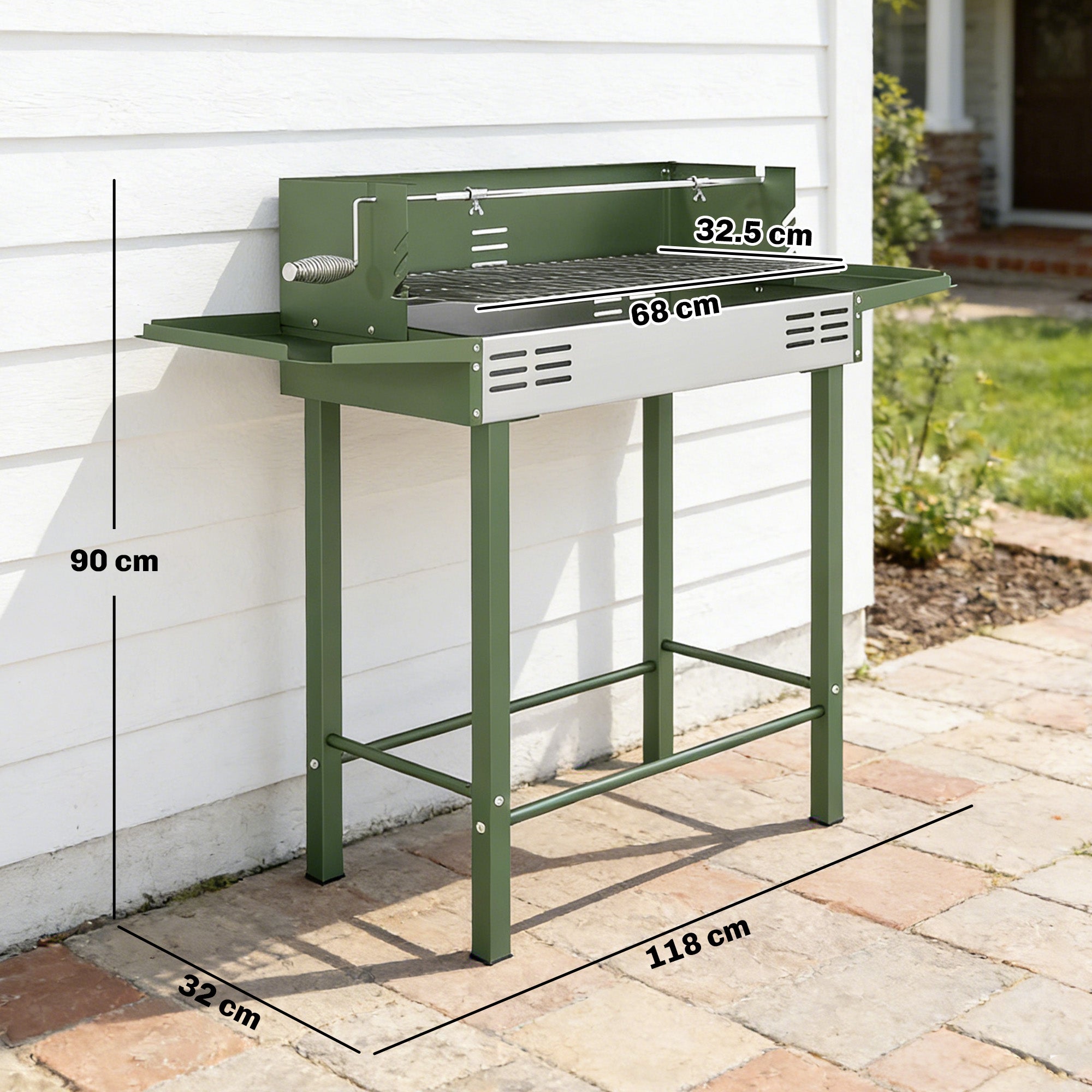 BBQ Rotisserie Grill Roaster Charcoal Spit Roasting Machine for Chicken Turkey with 3-Level Grill Grate, Side Shelves, Dark Green