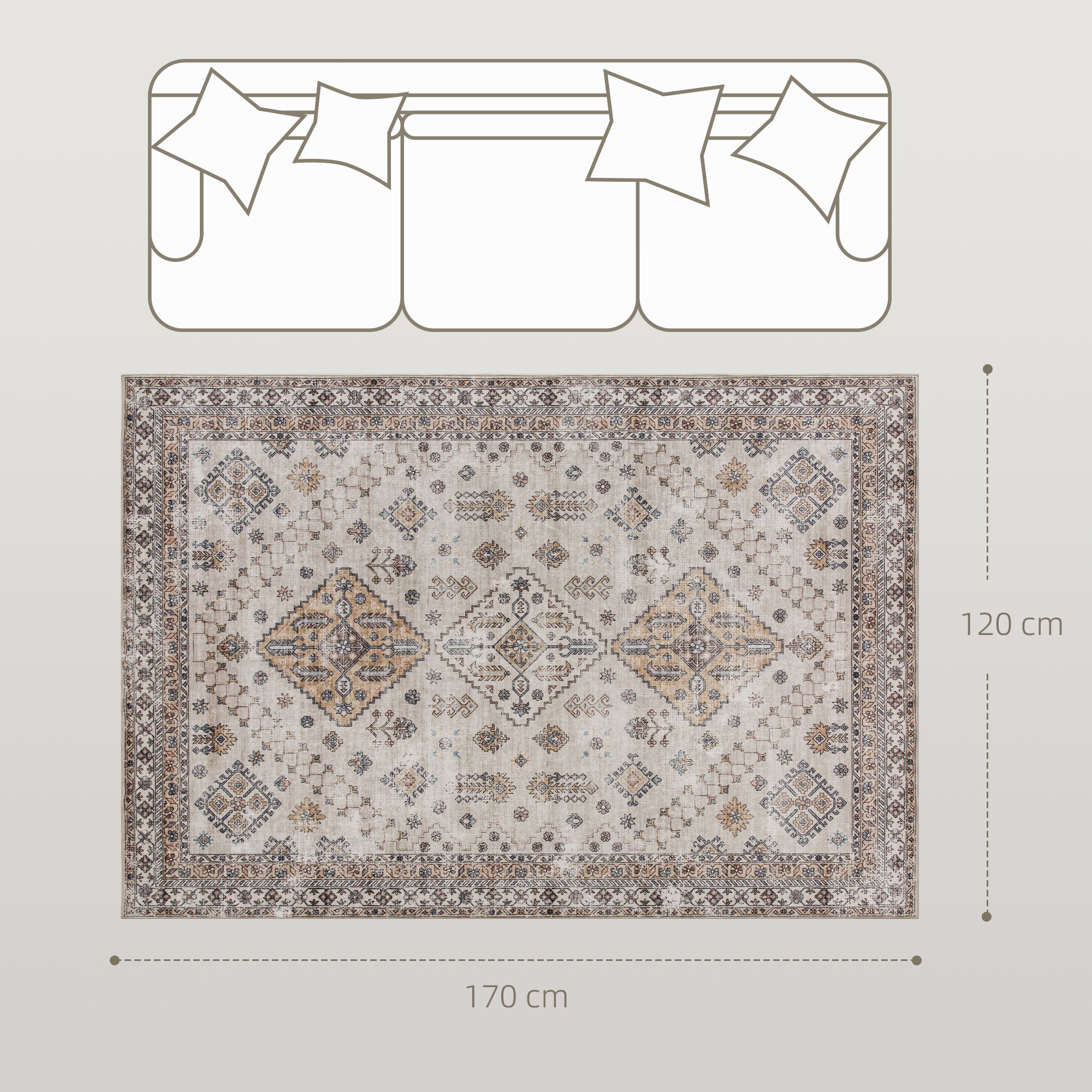 Vintage Area Rug, Non-Slip Washable Rug, Flannel Floor Carpet for Living Room, Bedroom, Dining Room, Home Office, 170 x 120 cm, Beige
