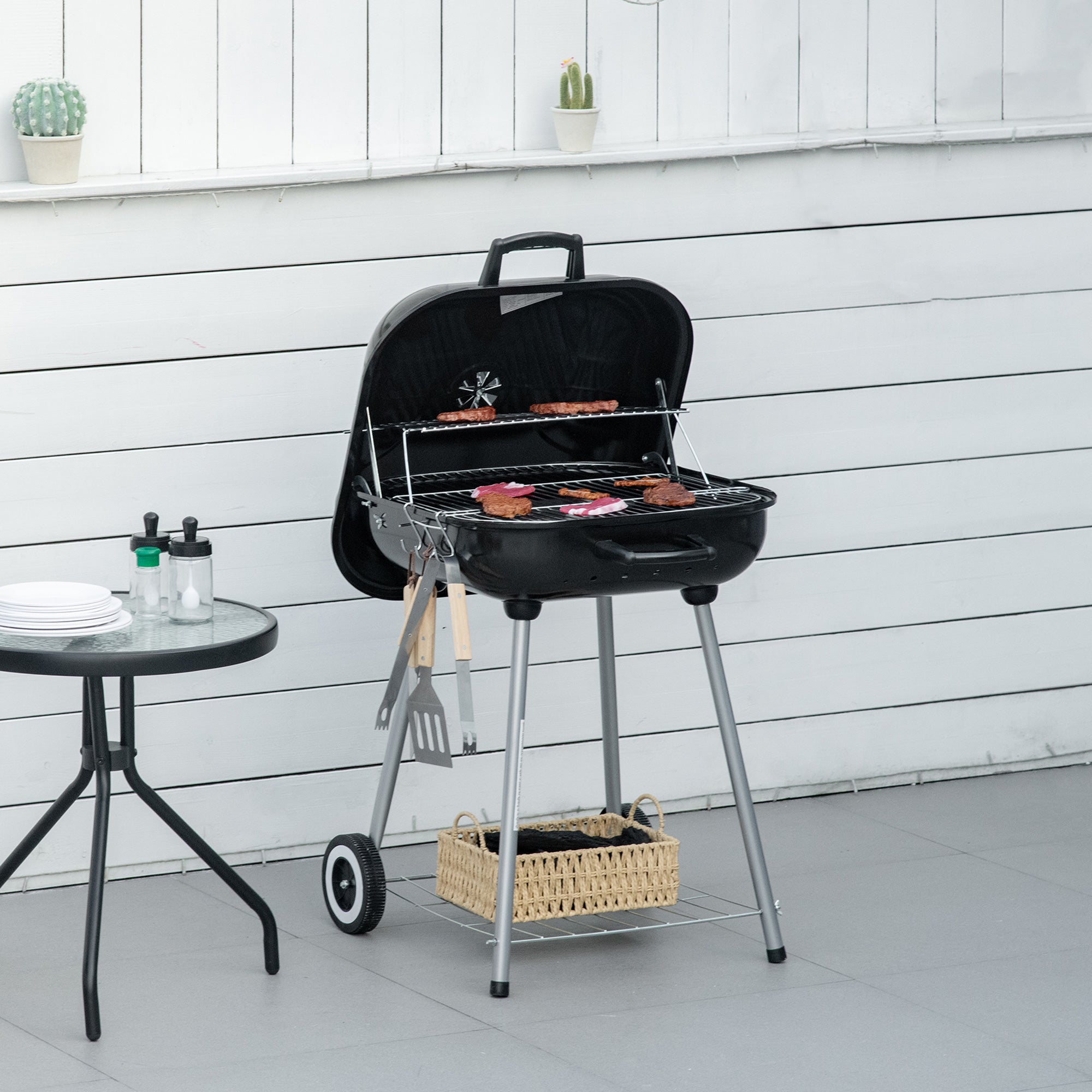 Portable Charcoal BBQ Grill with 2 Wheels and Porcelain Enamel Lid