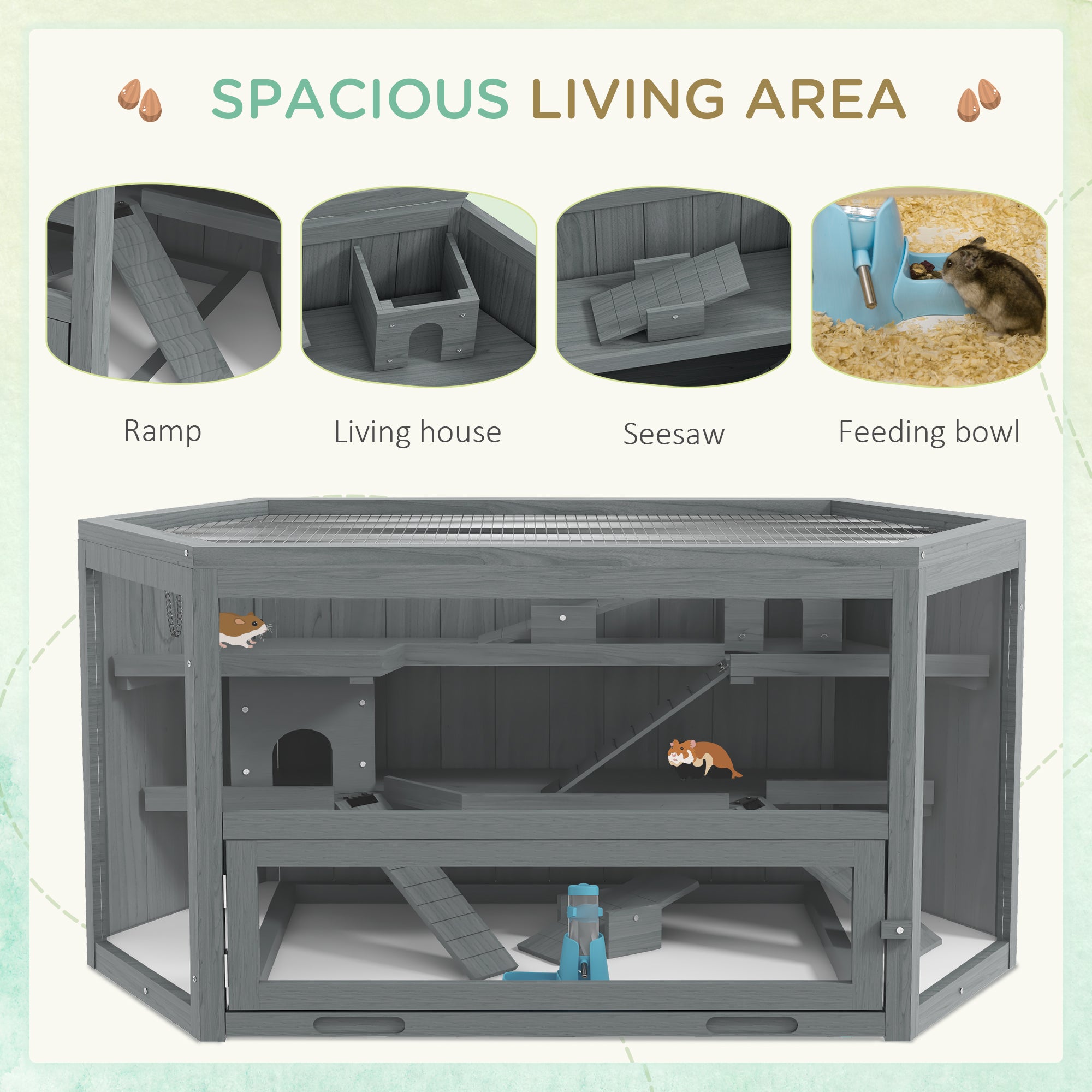 3 Tier Wooden Large Hamster Cage with Sliding Tray, Seesaws, Water Bottle, Grey