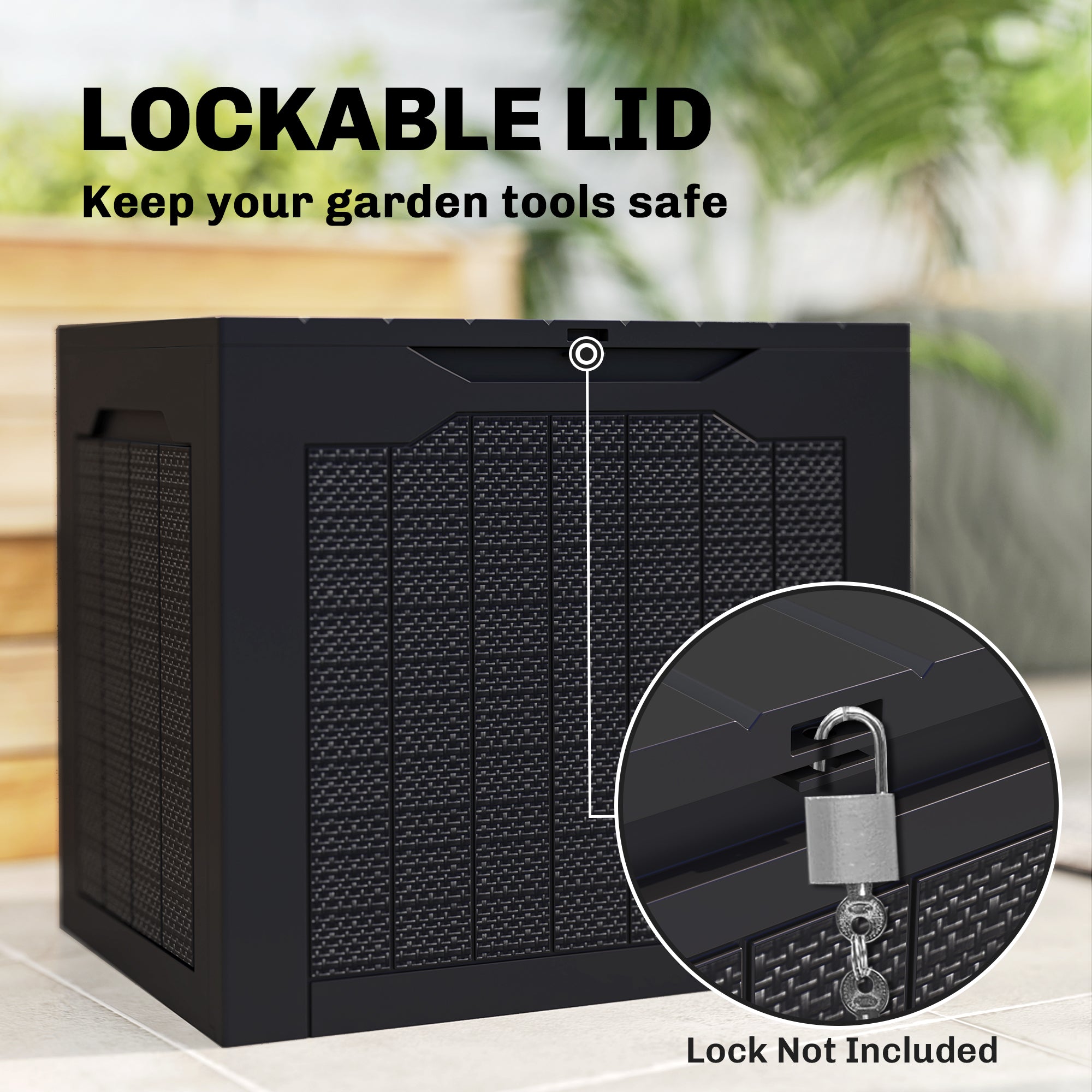 93L Plastic Garden Storage Box, Outdoor Storage Box with Handles, Waterproof Outdoor Storage Container, Black