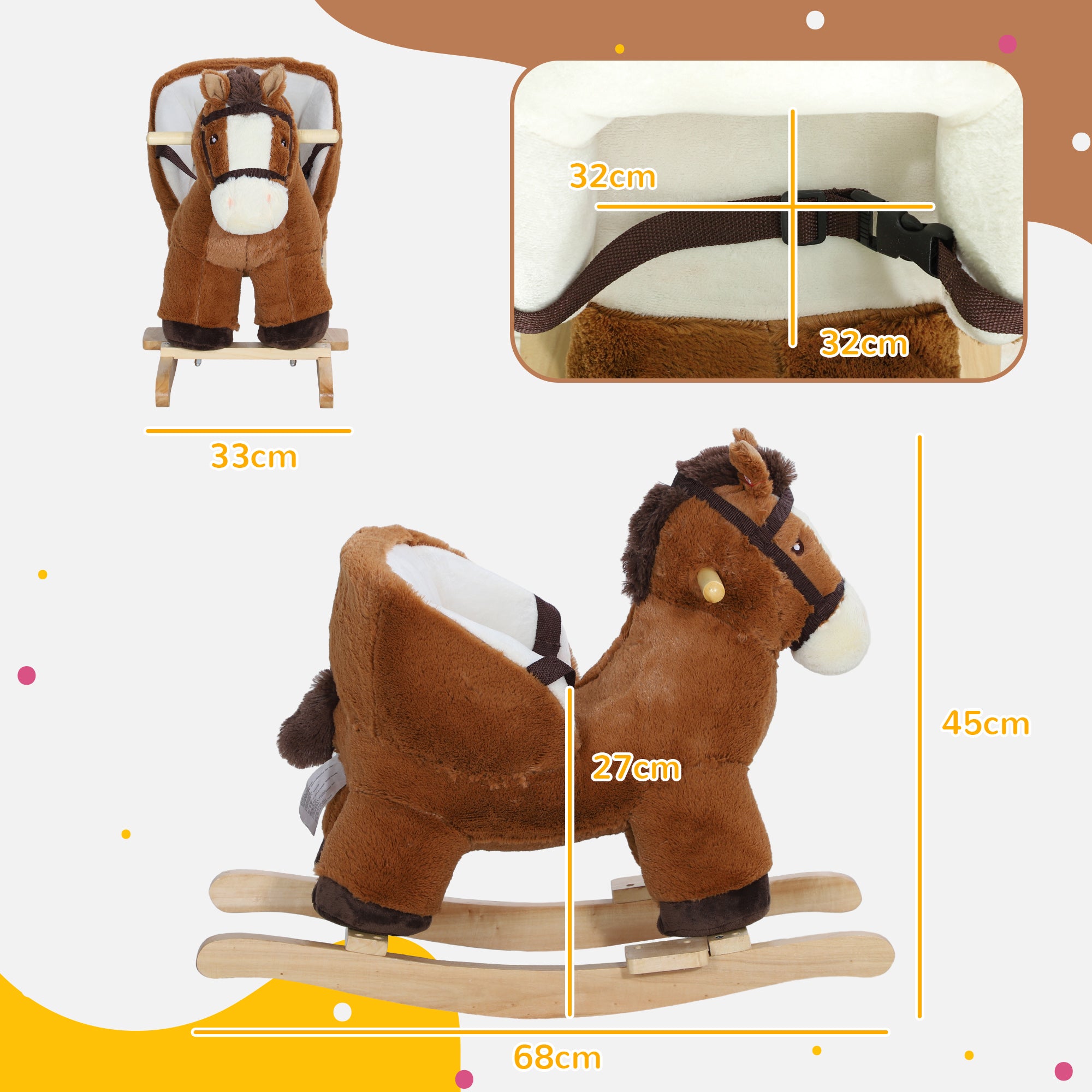 Kids Rocking Horse, Plush Ride on Horse, with Sound, Wood Base, for Ages 18-36 Months, Brown