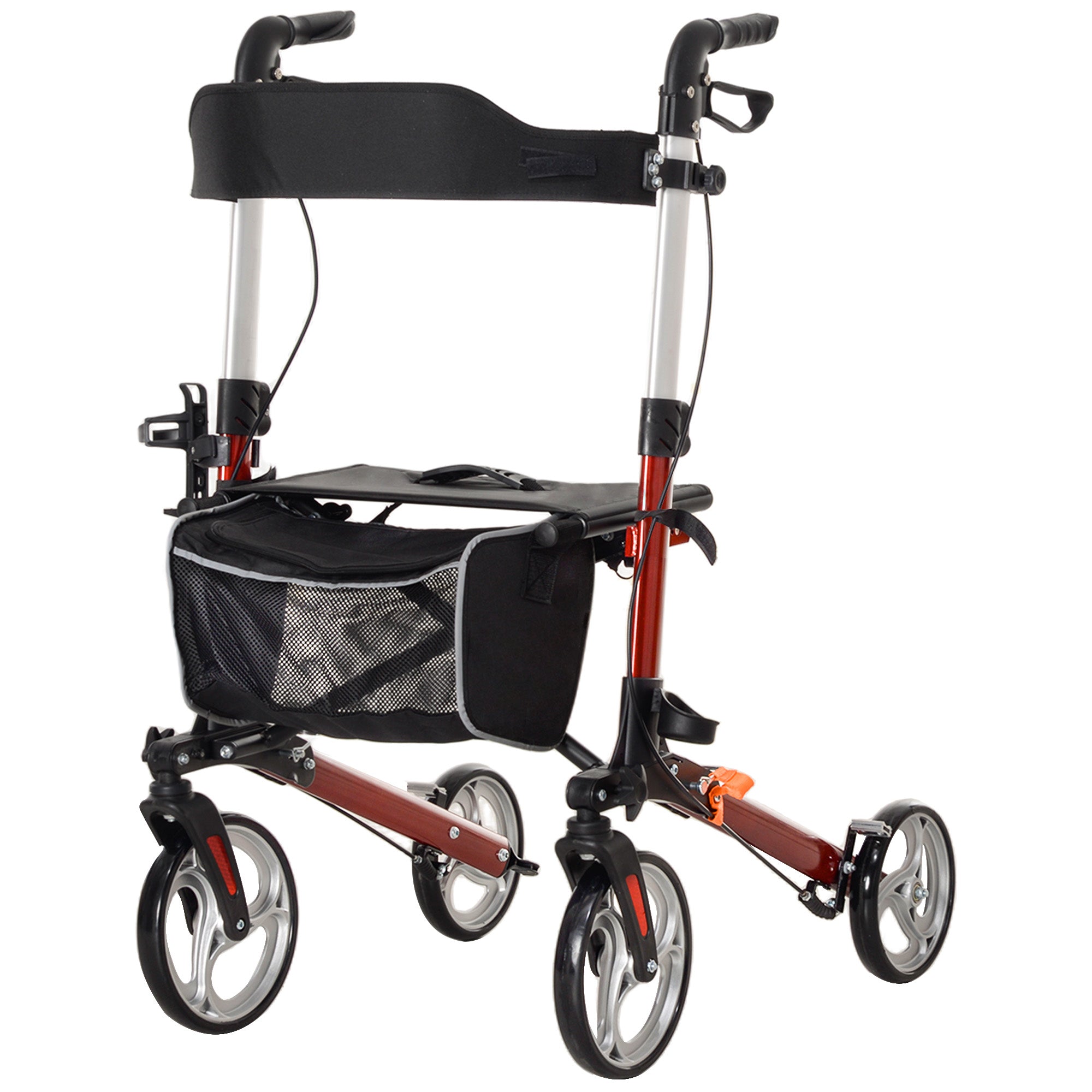 Folding Rollator Walker with Seat and Backrest, Lightweight Walking Frame with Storage Bag, Dual Brakes, Adjustable Handle Height, Cane Holder, 4 Wheeled Walker for Seniors, Red