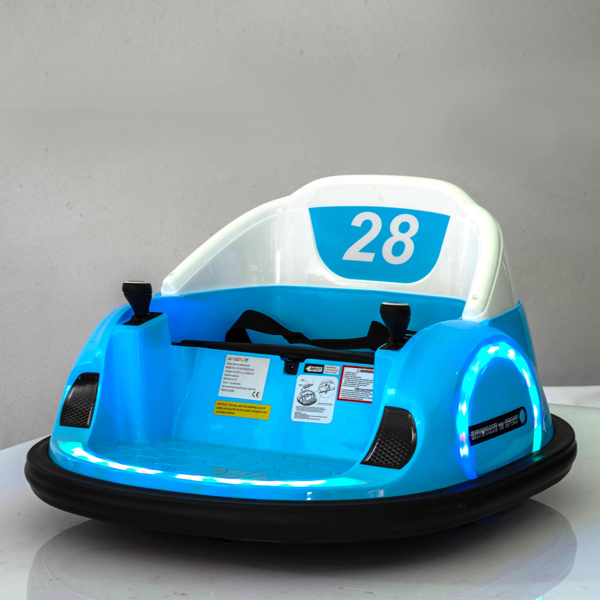 360° Rotation Kids Bumper Car, 12V Waltzer Car with Remote Control, Dual Joysticks, Music Lights - Light Blue