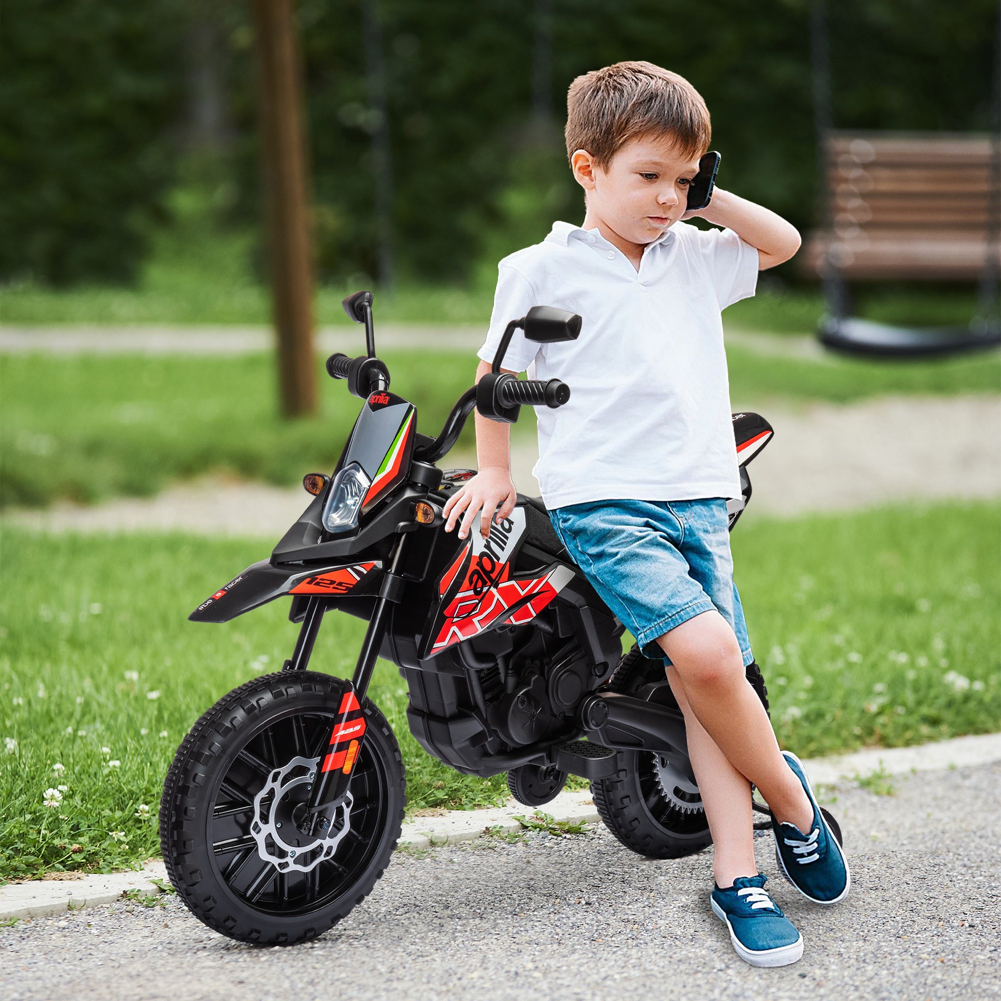 12V Aprilia Licenced Kids Motorbike with Training Wheels, Spring Suspension, LED Light, USB, Music, Red
