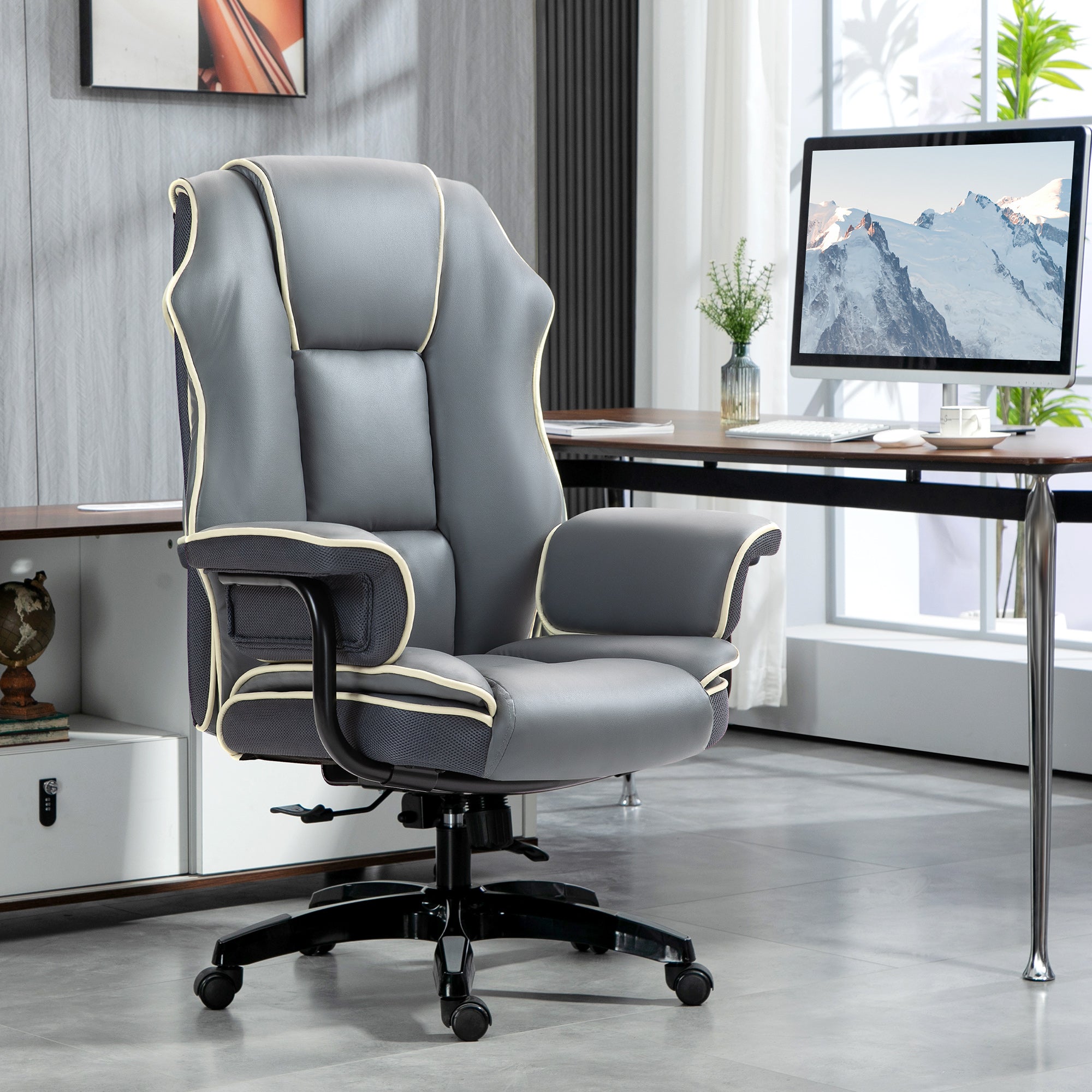 High Back Office Chair, PU Leather Desk Chair, Reclining Swivel Computer Chair for Home, Grey