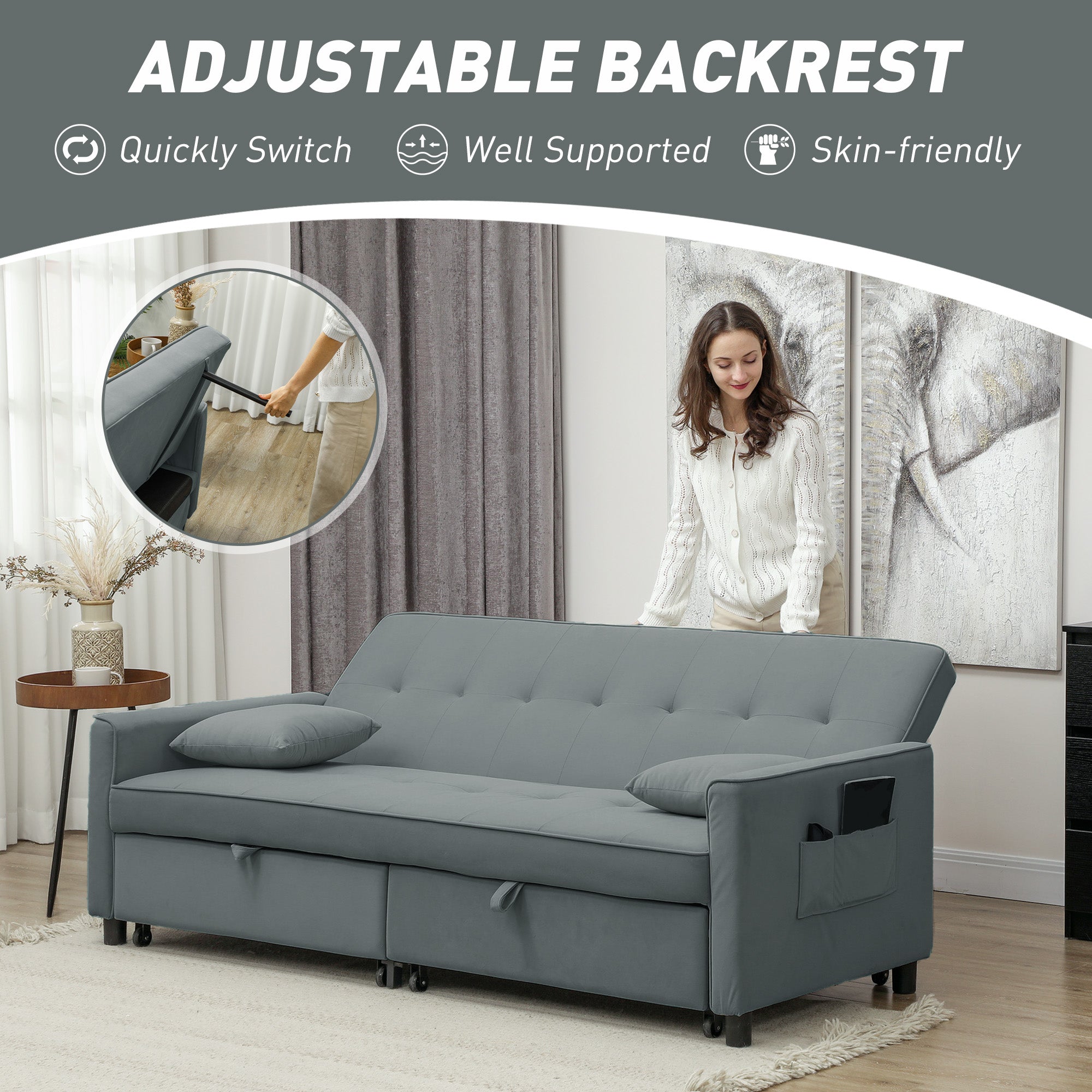 Three-Person Velvet-Feel Sofa Bed - Grey