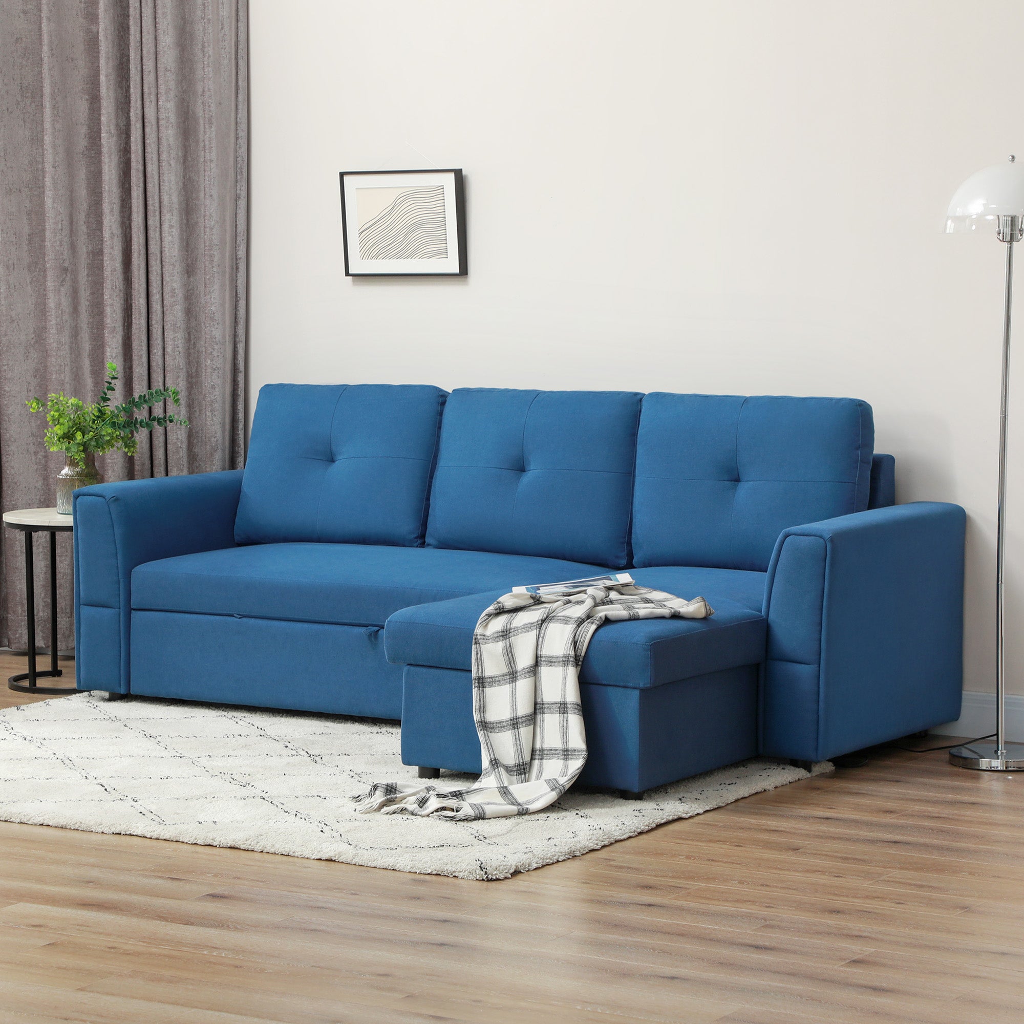 3 Seater Sofa Bed, L-Shaped Corner Sofa, Pull Out Sofa with Storage, Convertible Click Clack Settee Sectional Sleeper Futon for Living Room, Office, Dark Blue