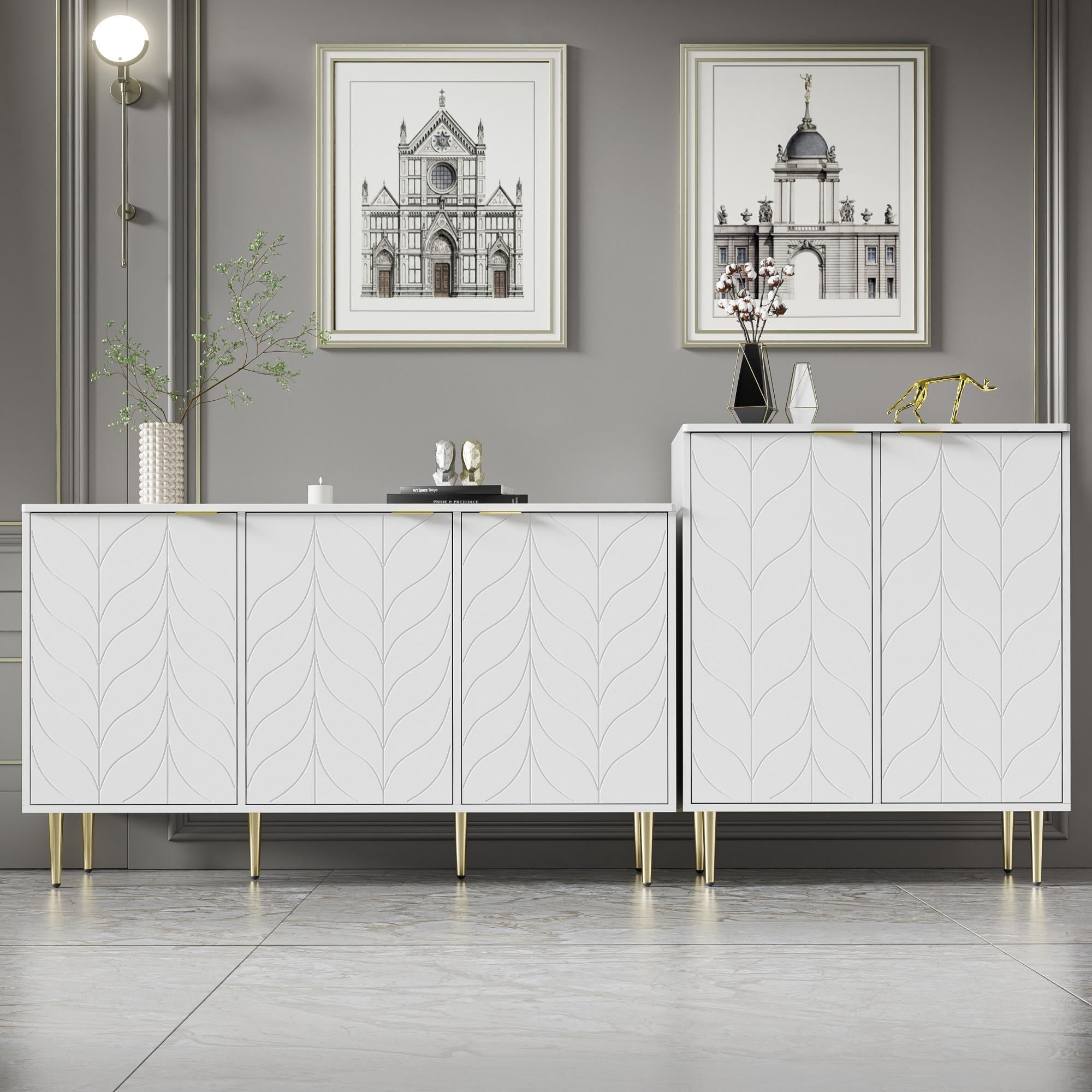 Lacquered Sideboard with 2 Doors and 6 Compartments, Gold-Plated Feet and Handles, 3 Shelves, 75L x 40W x 90H cm, White