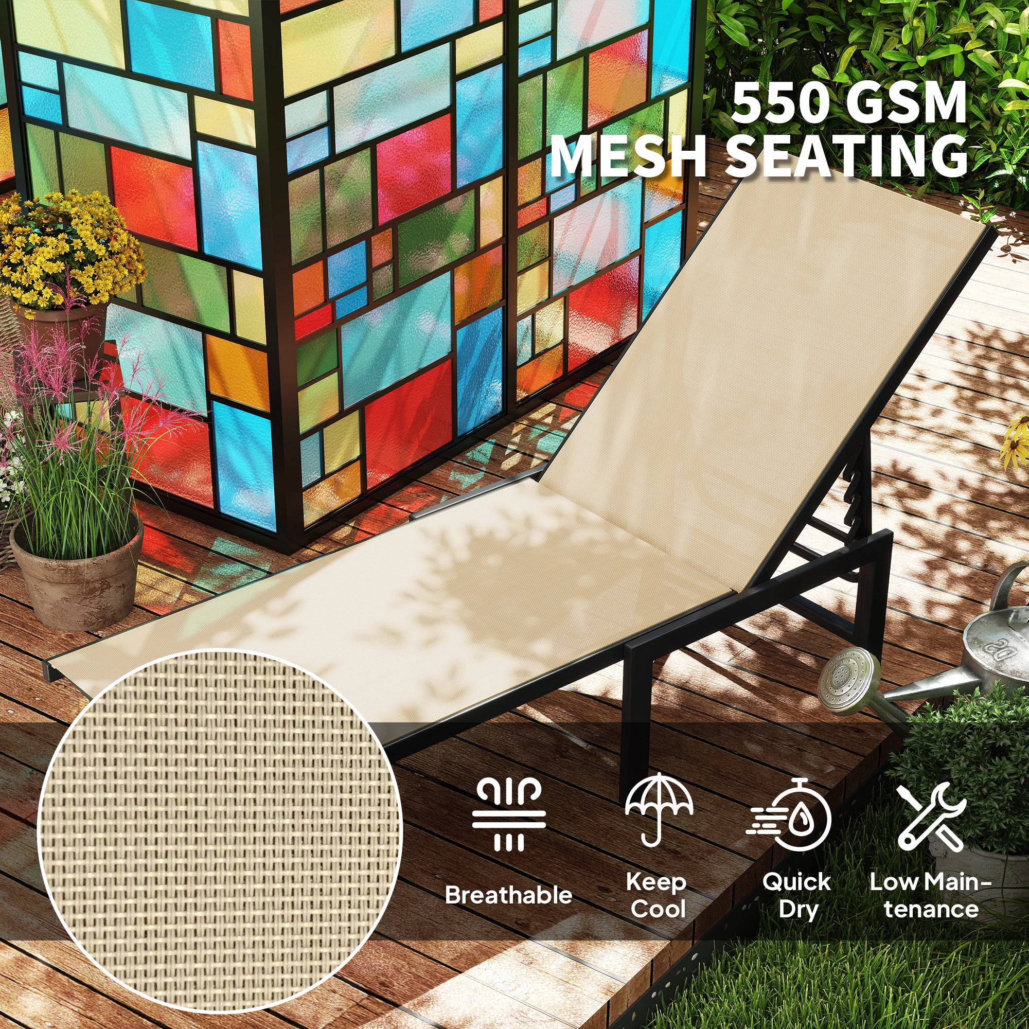 5-Level Adjustable Sun Lounger Chair with Texteline Seat and Steel Frame for Garden, Patio, Beach - Khaki