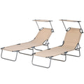 Outdoor Foldable Sun Lounger Set of 2 with 4-Level Adjustable Backrest and Sun Shade Awning - Sand