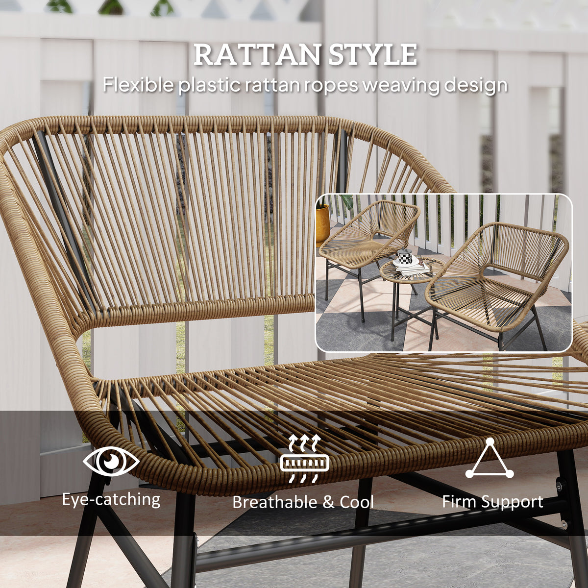 3 Pieces Rattan Bistro Set with Cushions and Glass Top Table for Outdoor Patio Balcony - Natural