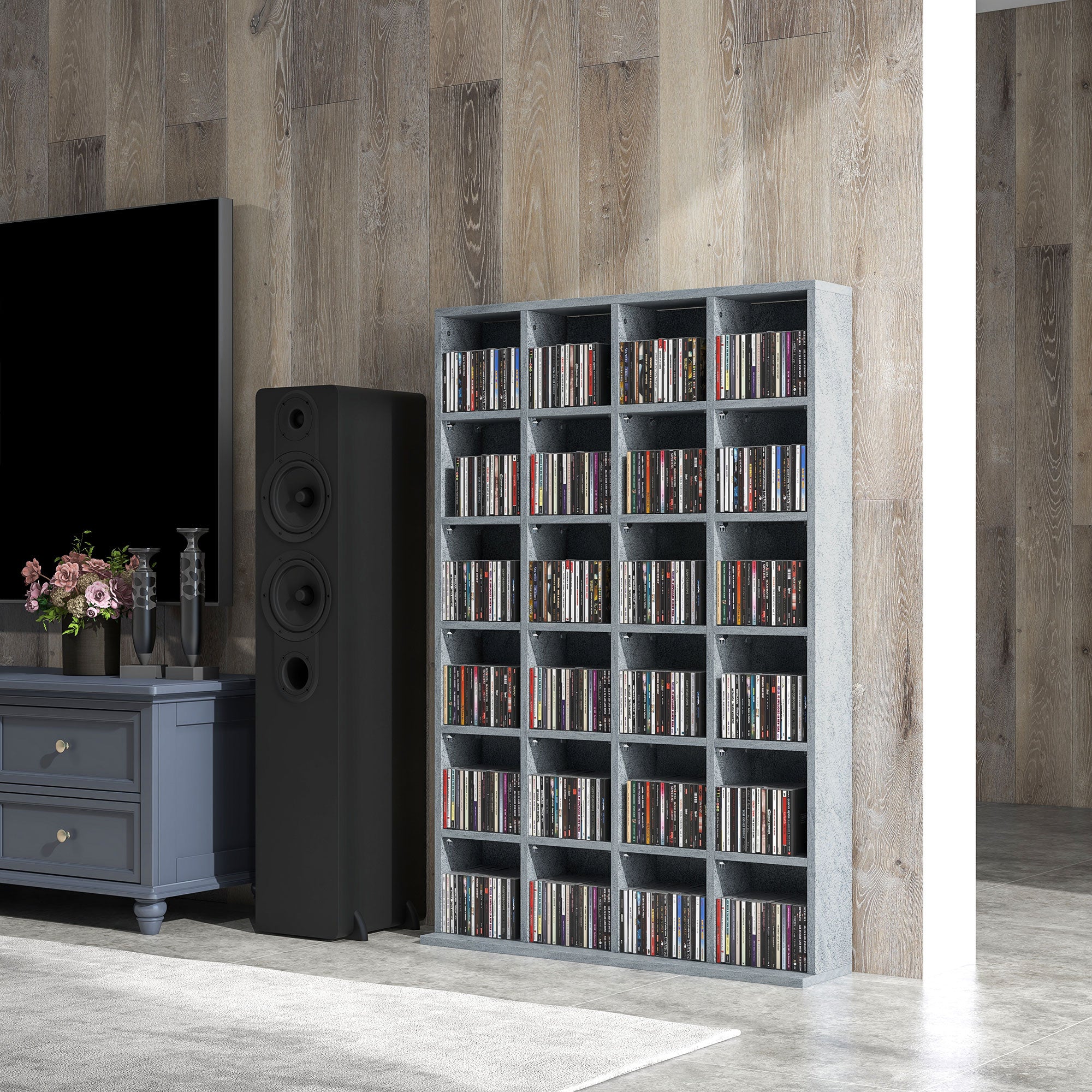 CD Storage Unit with Adjustable Shelves, 89 x 130.5 cm, Cement Grey