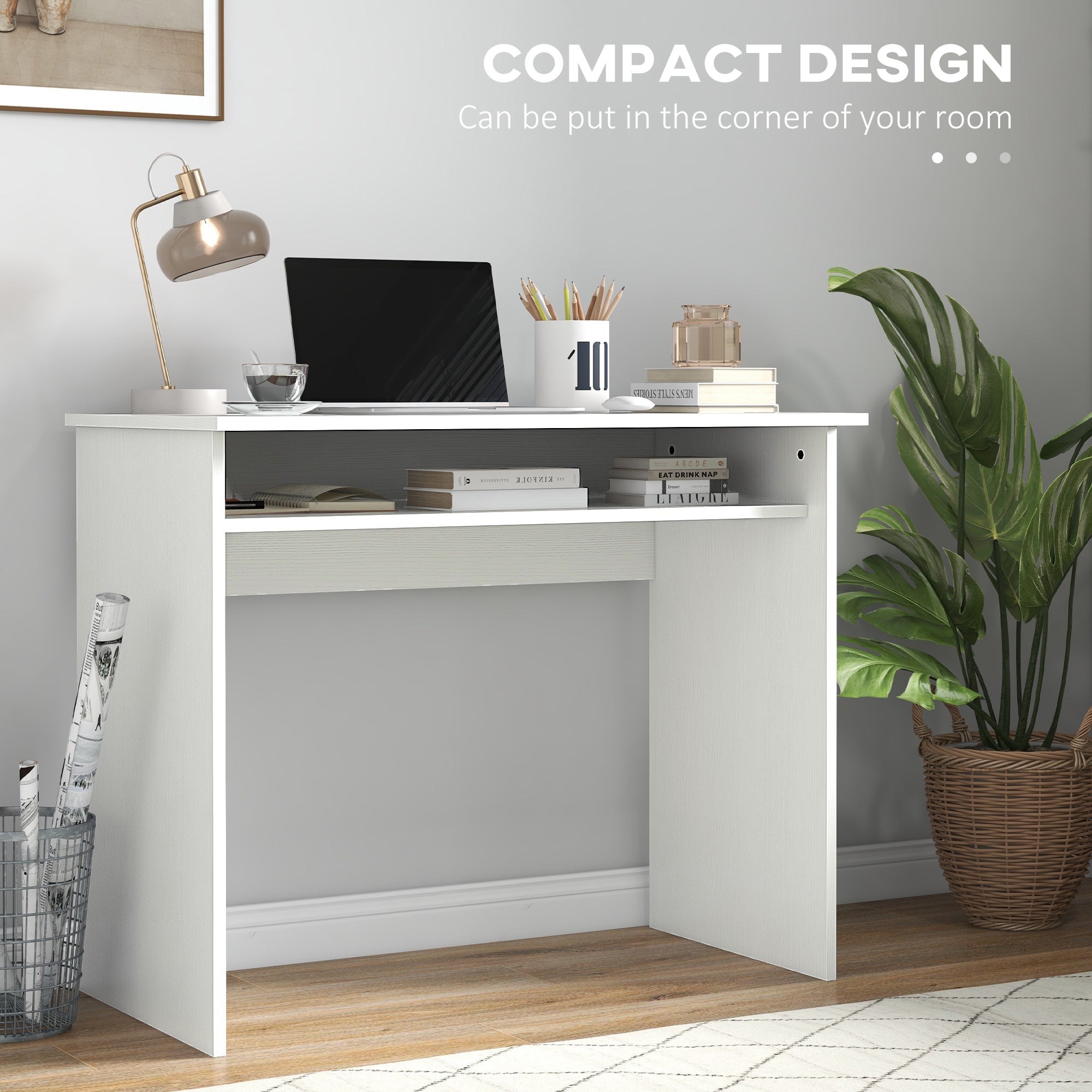 Home Office Furniture Set, Modern Computer Desk with Storage Shelf and Ergonomic Mesh Chair with Flip-Up Arms, Lumbar Support, Adjustable Height, Swivel Wheels, White and Grey