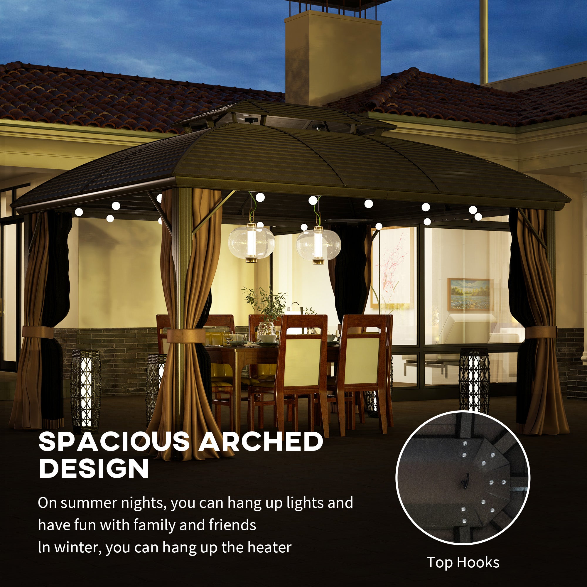 3.65 x 3m Hardtop Steel Gazebo Canopy with Aluminium Frame, Double Roof, Net Sidewalls & Curtains - Coffee