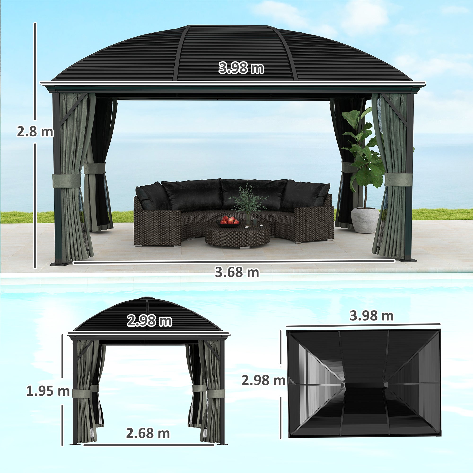 3 x 4m Hardtop Gazebo with Metal Roof, Netting & Curtains Aluminium Pavilion - Dark Grey