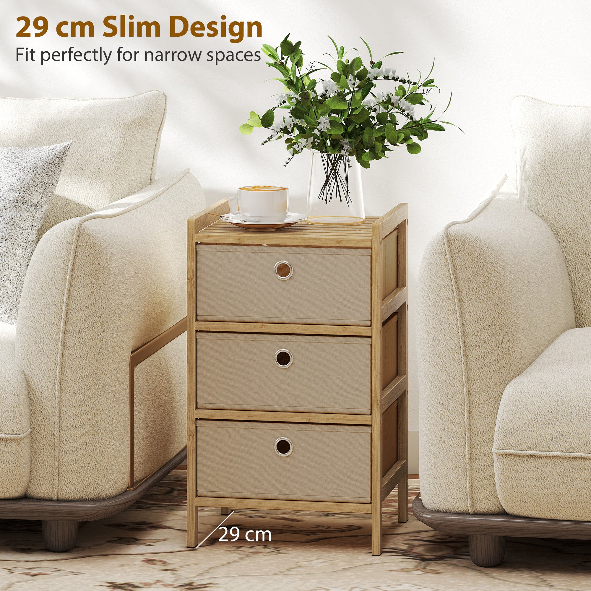 Chest of Drawers, 3 Fabric Drawers Narrow Dresser with Bamboo Frame, Cream White