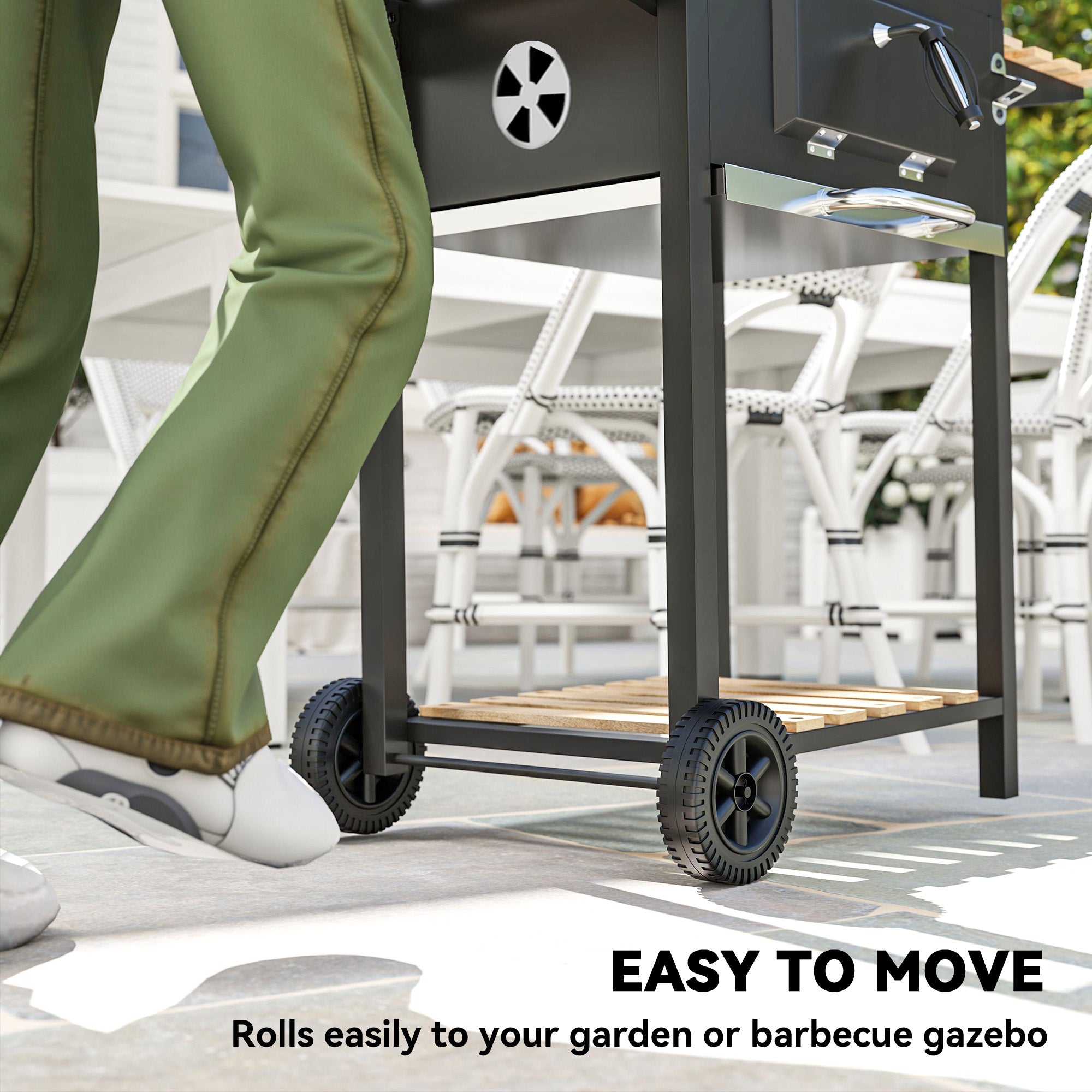 Portable Charcoal BBQ Grill with Adjustable Pan and Temperature Gauge - Black