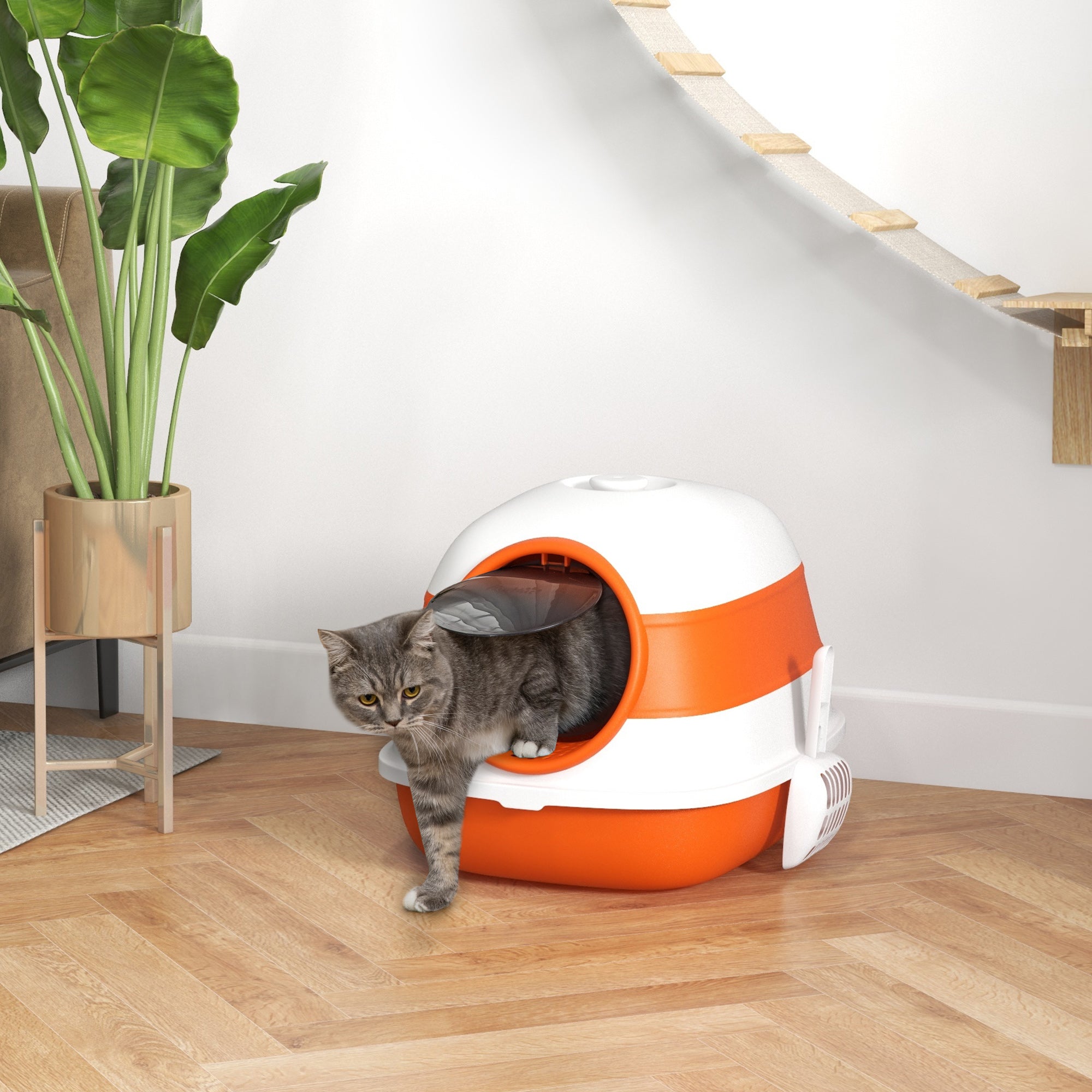 Foldable Cat Litter Tray with Lid, Deodorant, Scoop, Orange