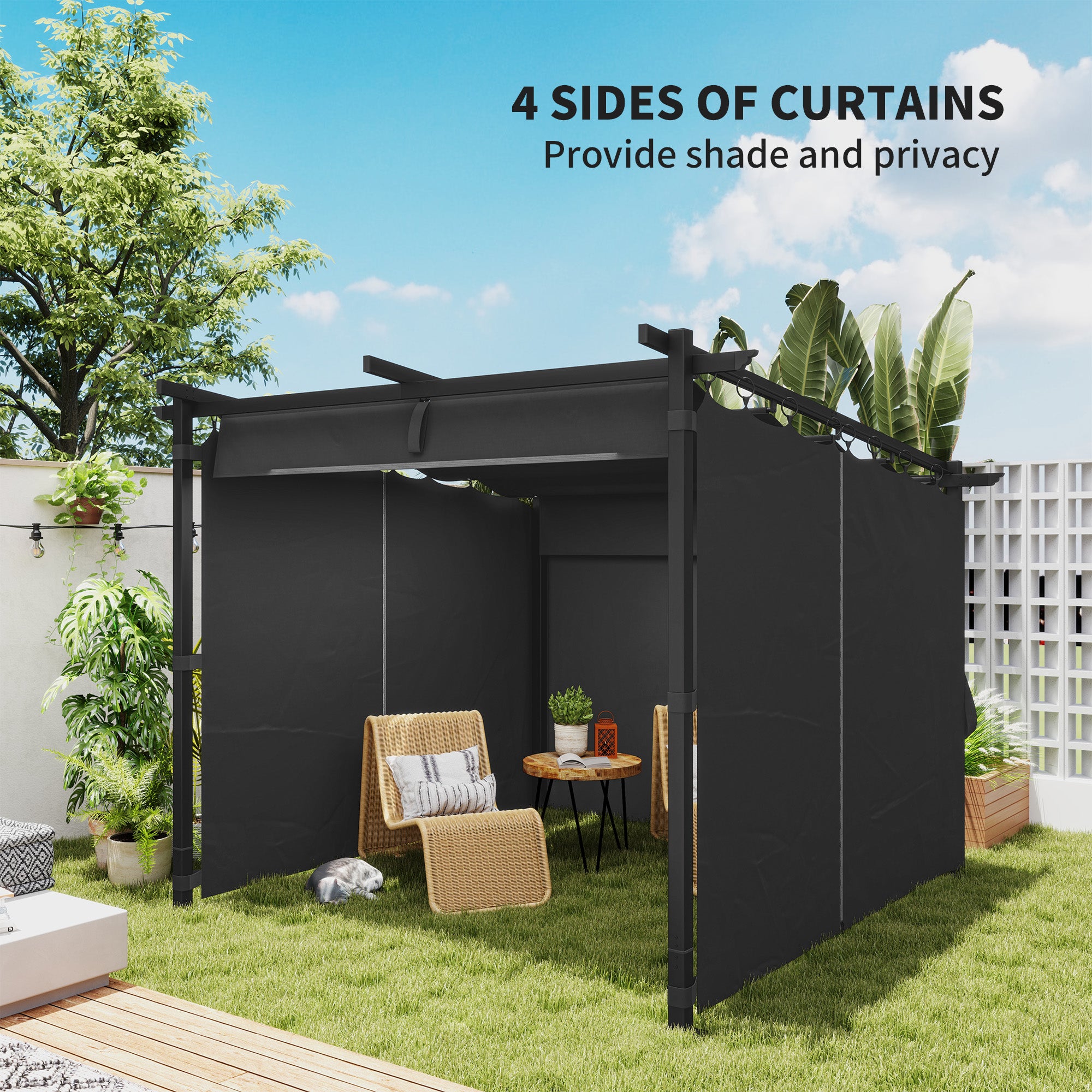 3 x 3 m Retractable Roof Pergola with Curtains - Dark Grey