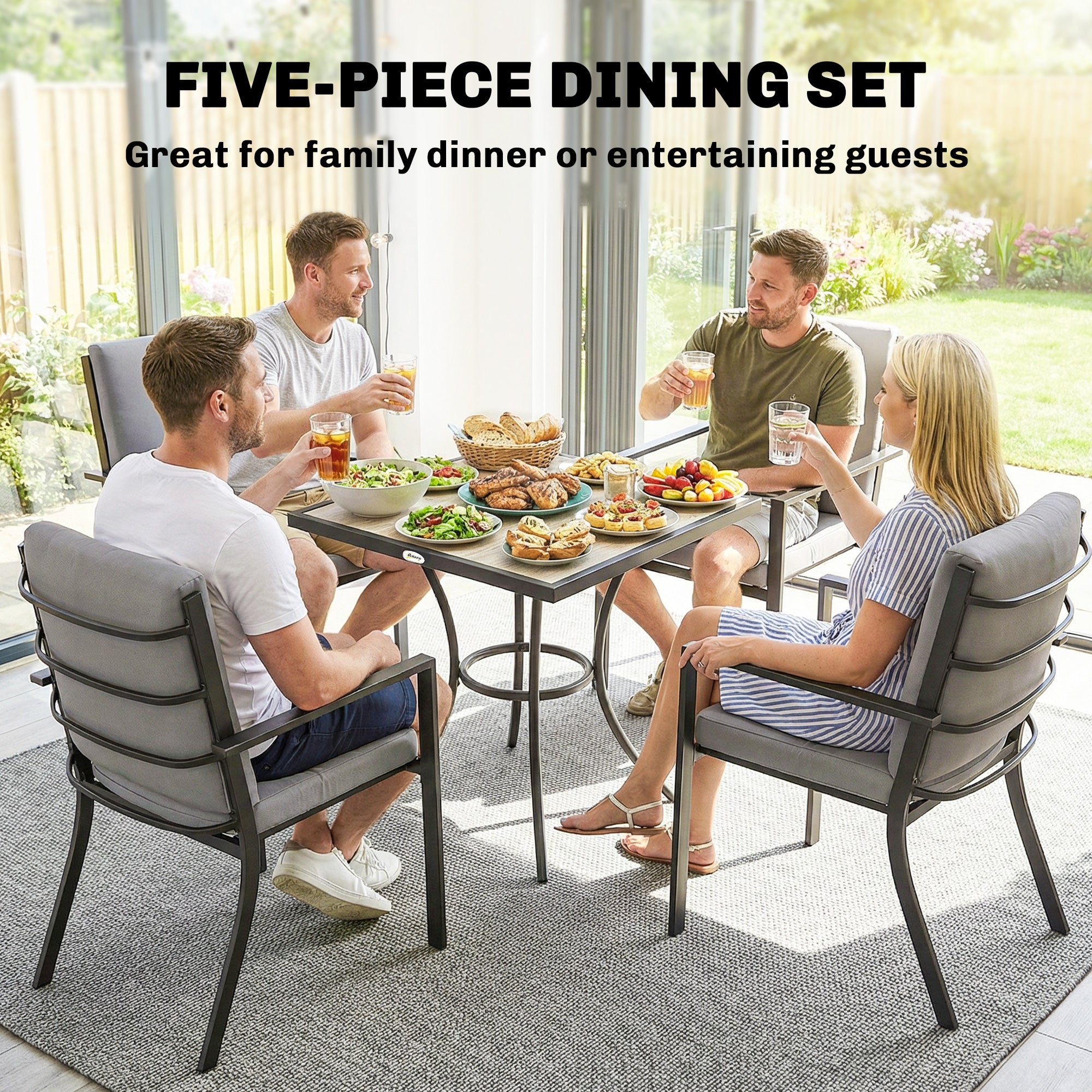 5 Pieces Outdoor Dining Set with Cushions, Garden Dining Set for 4 with Square Table and Stackable Chairs