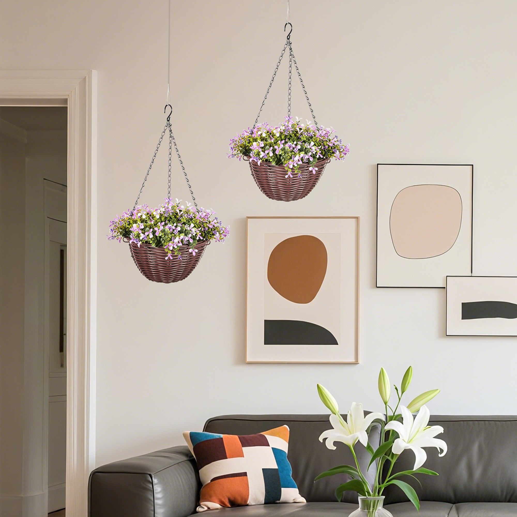 Artificial Flowers in Basket Set of 2, Artificial Hanging Baskets with 75 Leaves and 15 Flowers in Pot, Decorative Plant for Home Office Decor, Purple