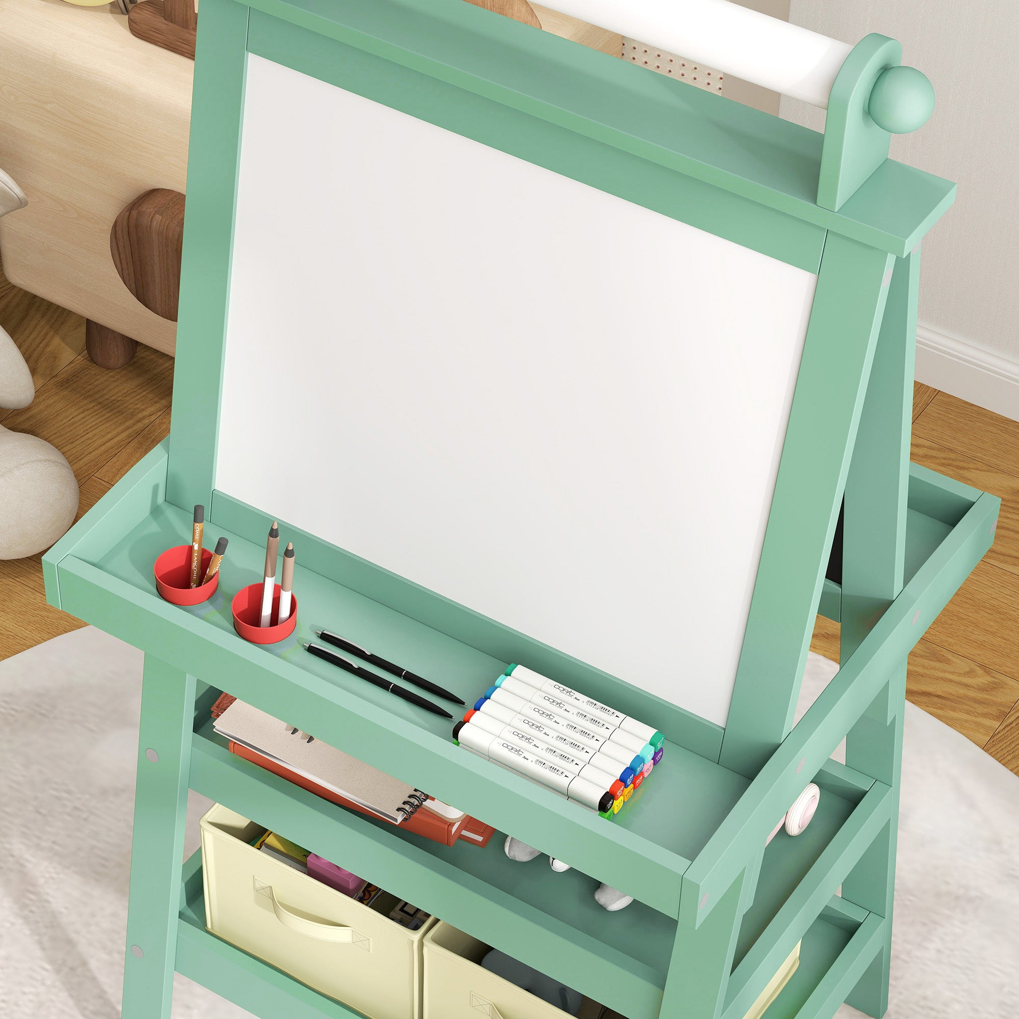 3 in 1 Kids Easel Double-Sided Magnetic Whiteboard and Chalkboard with Paper Roll, Storage Baskets - Green