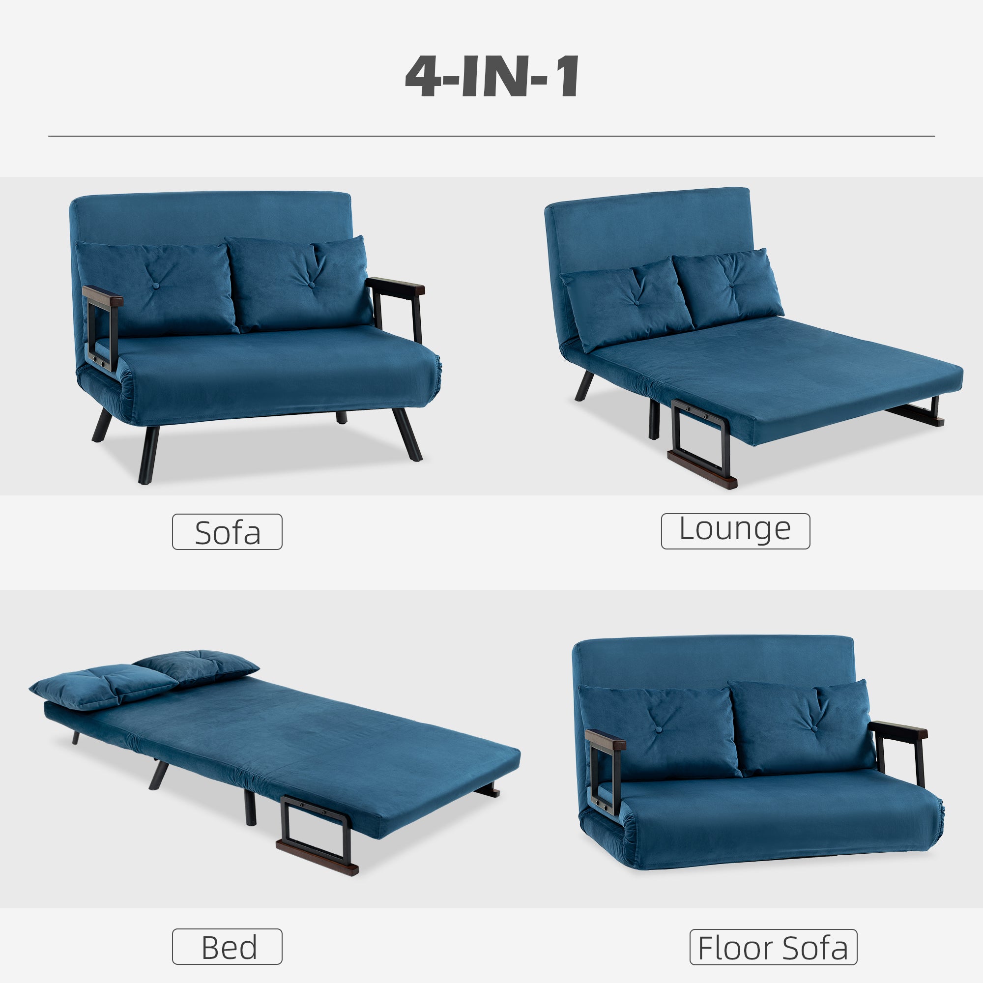 4-in-1 Velvet-Feel Double Sofa Bed, with Pillows - Blue