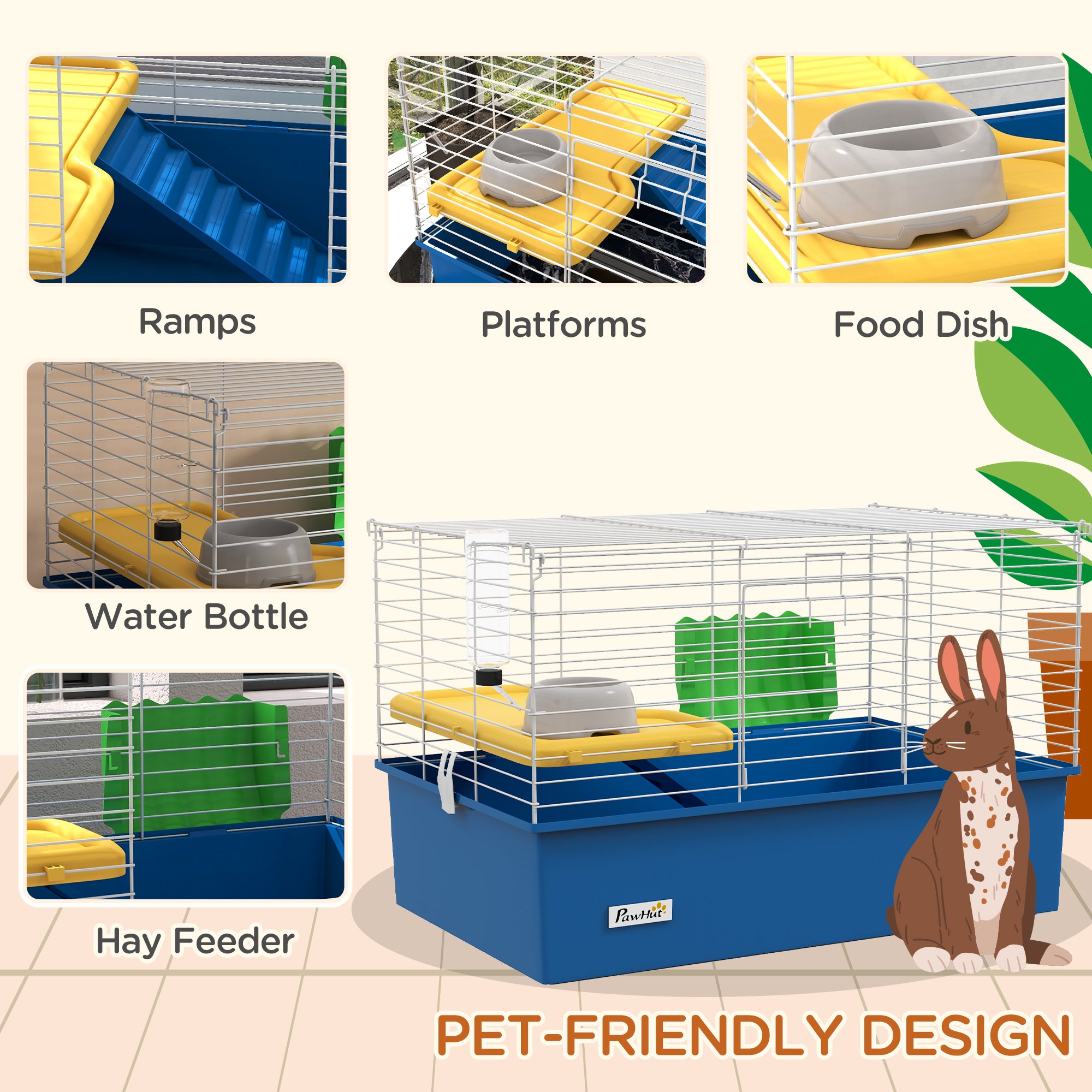 Chinchillas Small Rabbit Guinea Pig Small Animal Cage, Pet Playhouse, with Platform, Ramp, 71 x 46 x 47cm, Blue