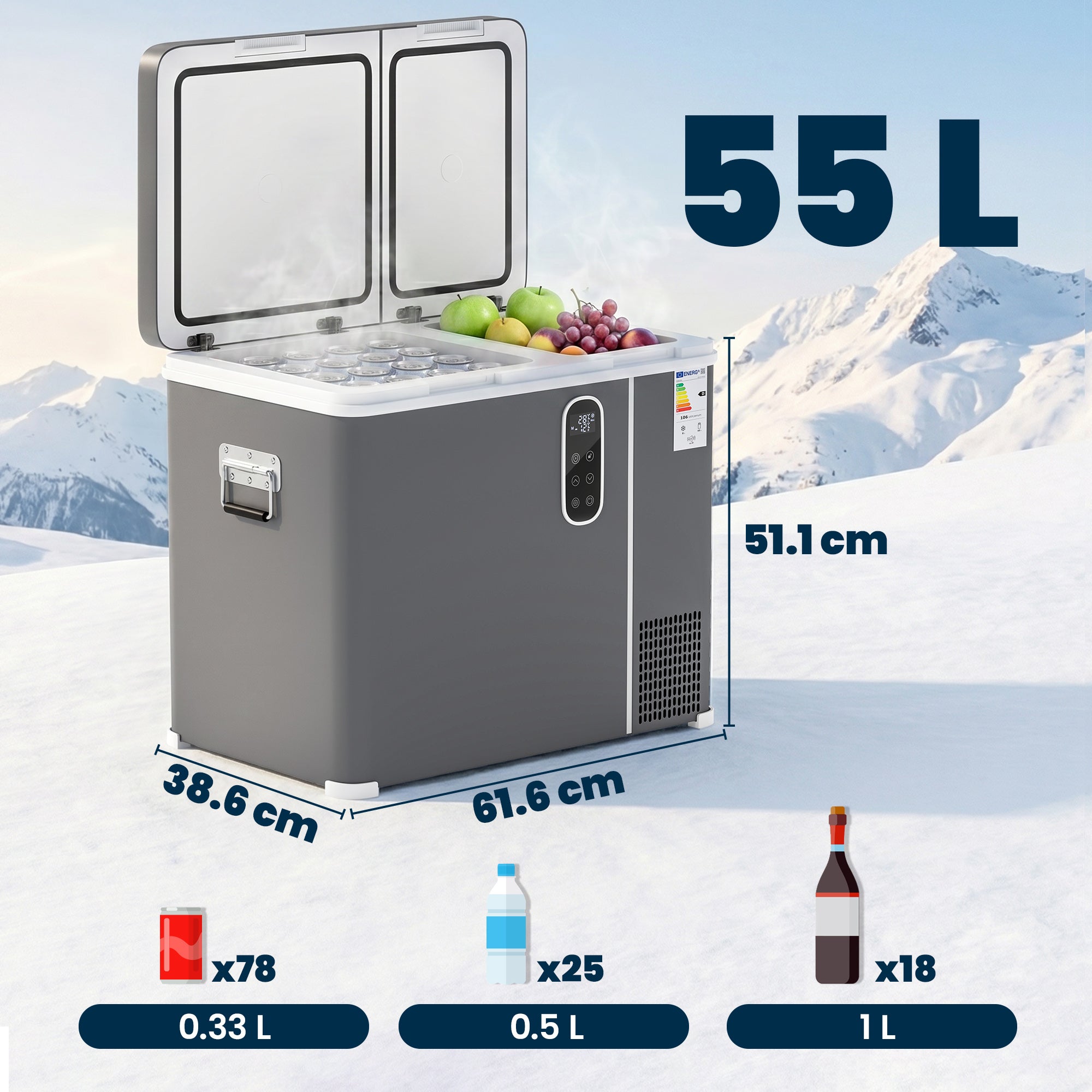 55L Compressor Car Fridge Freezer, Dual Zone Camping Refrigerator with App Control, Grey
