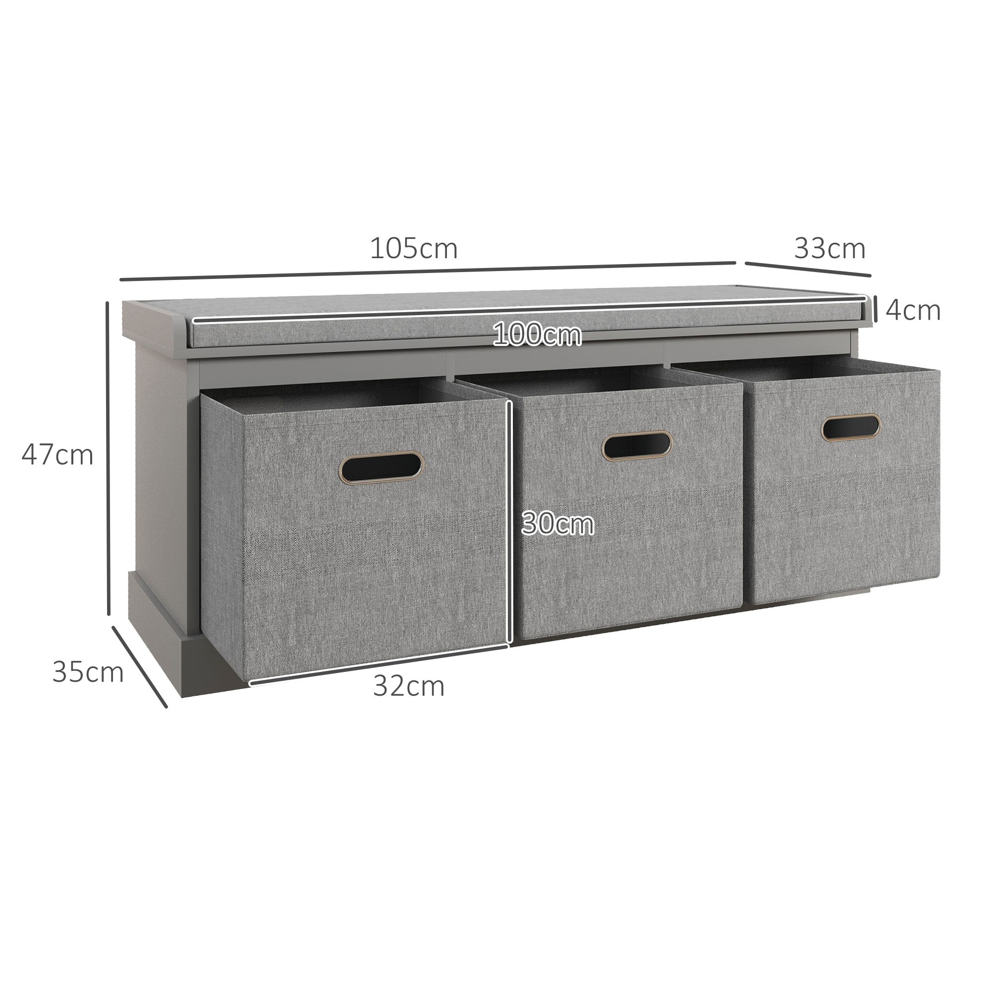 Three-Drawer Shoe Storage Bench, with Padded Top Seat - Grey