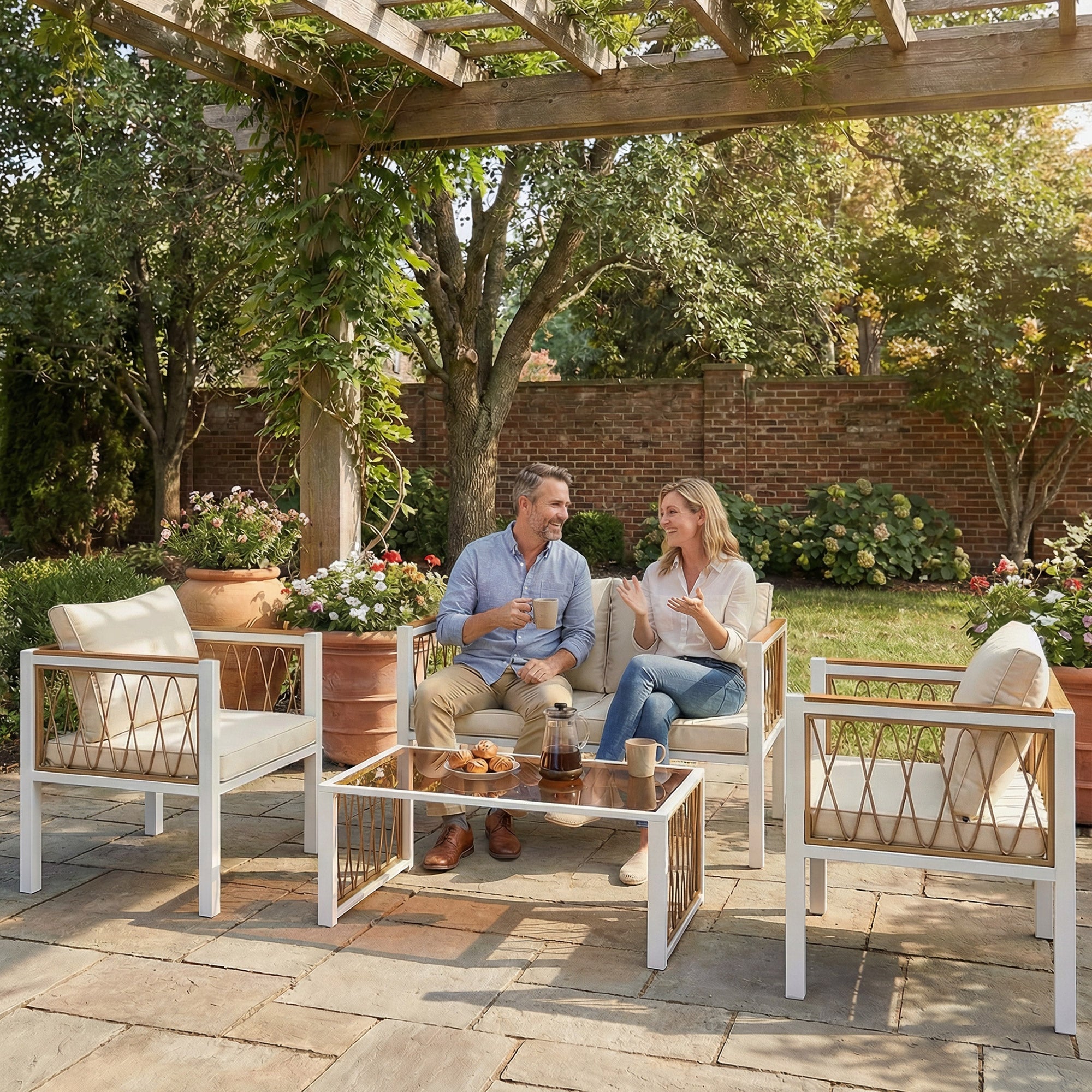 4 Piece Rattan Garden Furniture Set with Loveseat, 2 Armchairs, Table, Metal Frame Patio Conversation Set, Cream White