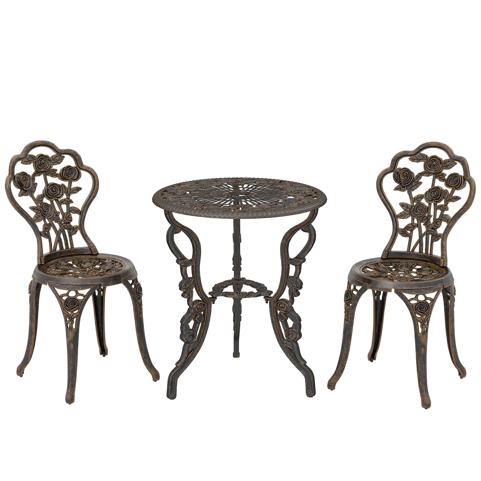 Outdoor Bistro Set Vintage Rose Design Patio Furniture Set with Round Table and 2 Chairs Metallic Finish
