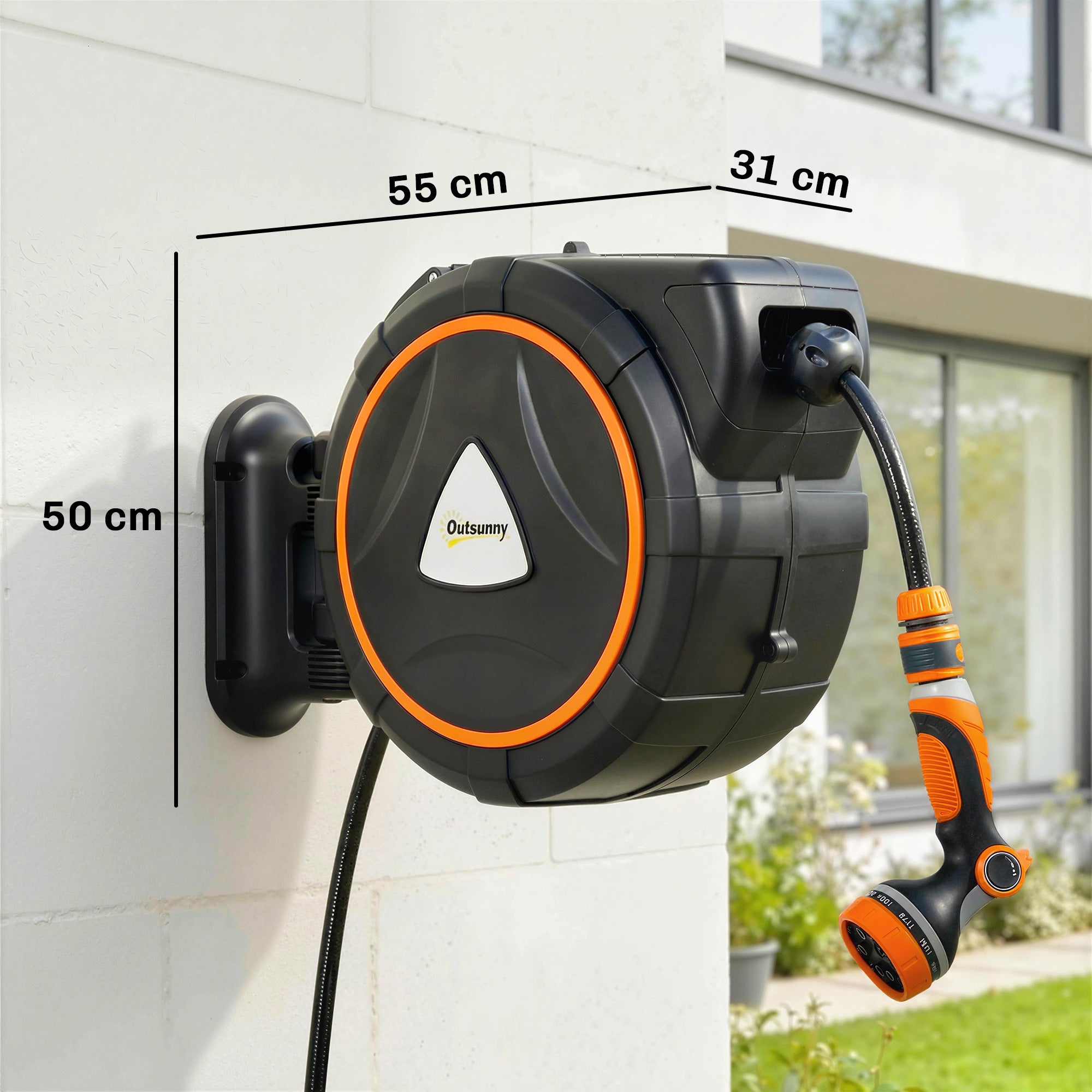 23+2m Retractable Hose Reel Wall Mounted with Auto Retraction, Self-Locking, Slow Return System, 12-Pattern Nozzles