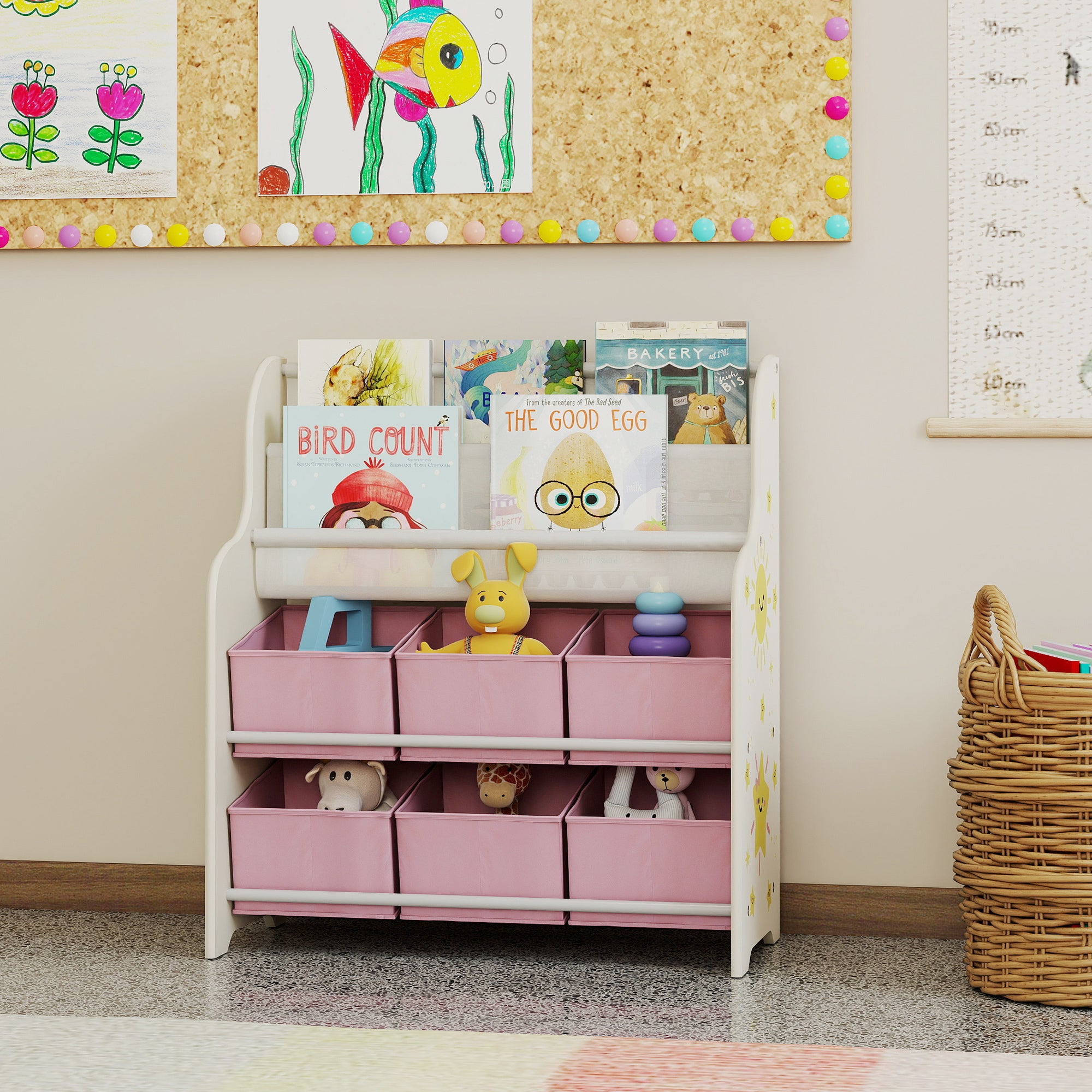 Kids Storage Unit, Toy Organiser with 6 Fabric Drawers and 2-Tier Sling Book Rack for Bedroom, Playroom, Nursery, Pink