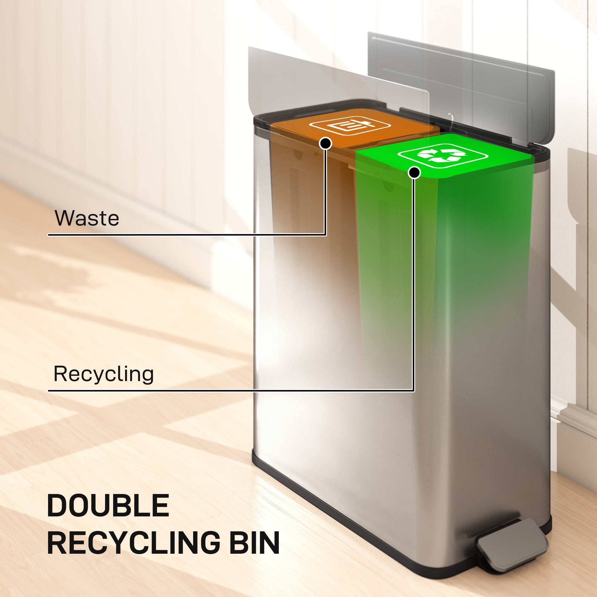 Dual Kitchen Bin with Soft-Close Butterfly Lid, 2 x 28L Stainless Steel Pedal Bin with Removable Inner Buckets, Fingerprint-Proof for Recycling and Waste, Silver Tone