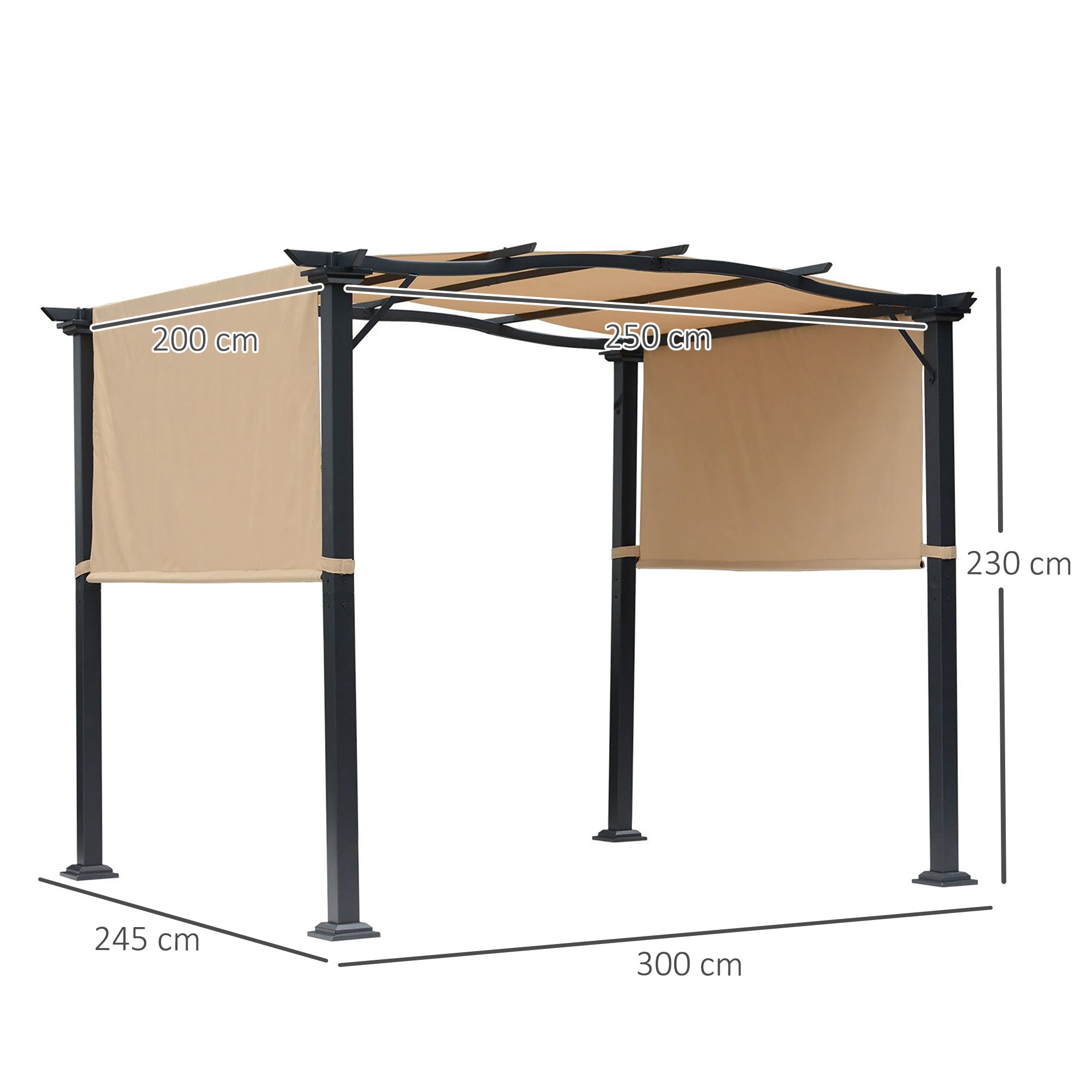 Outdoor Retractable Pergola Garden Gazebo with Two Adjustable Side Canopy Overhead Sun Shade Backyard Canopy Cover, Steel Khaki 2.96x2.45x2.3m