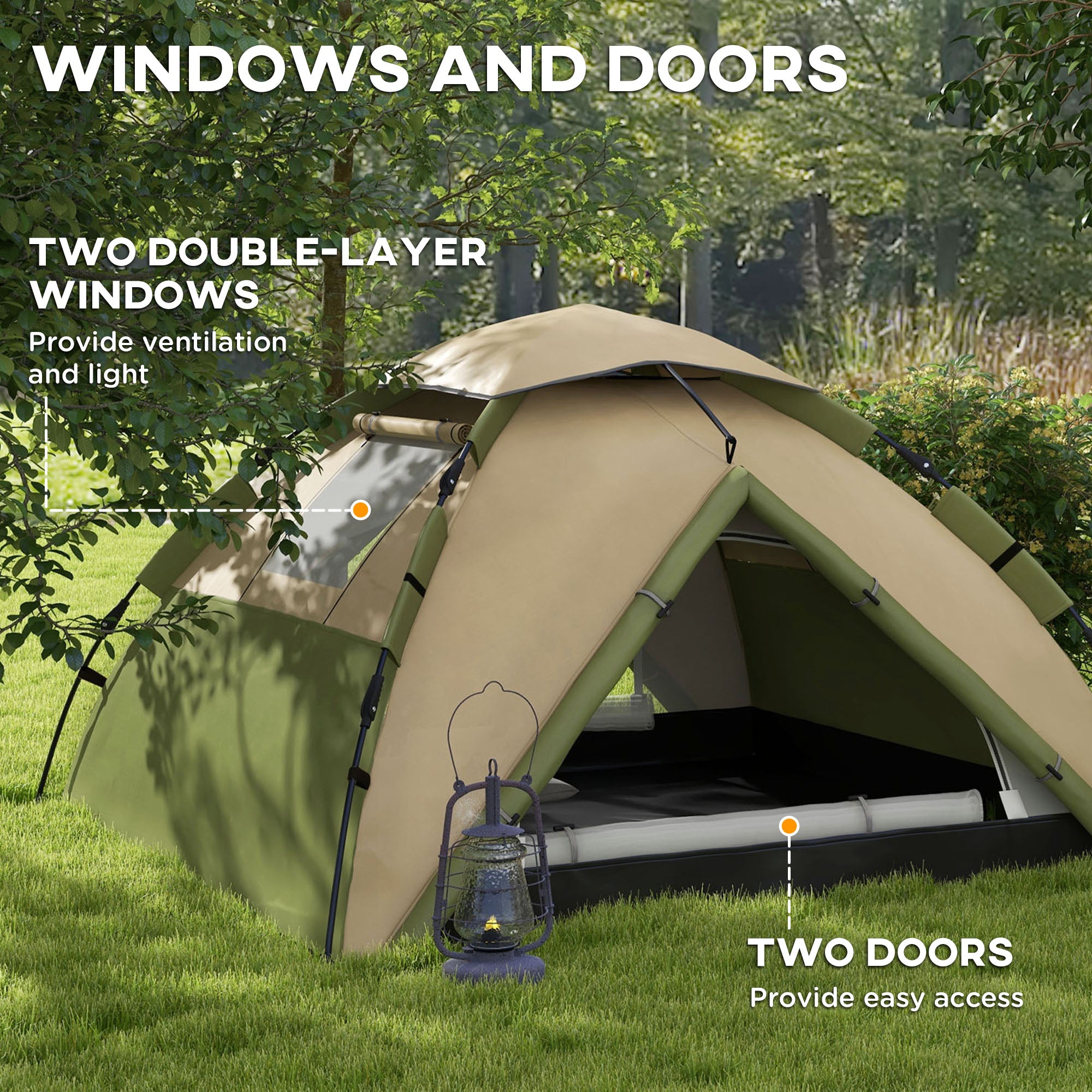 Two-Man One Room Camping Tent, with Accessories - Dark Green