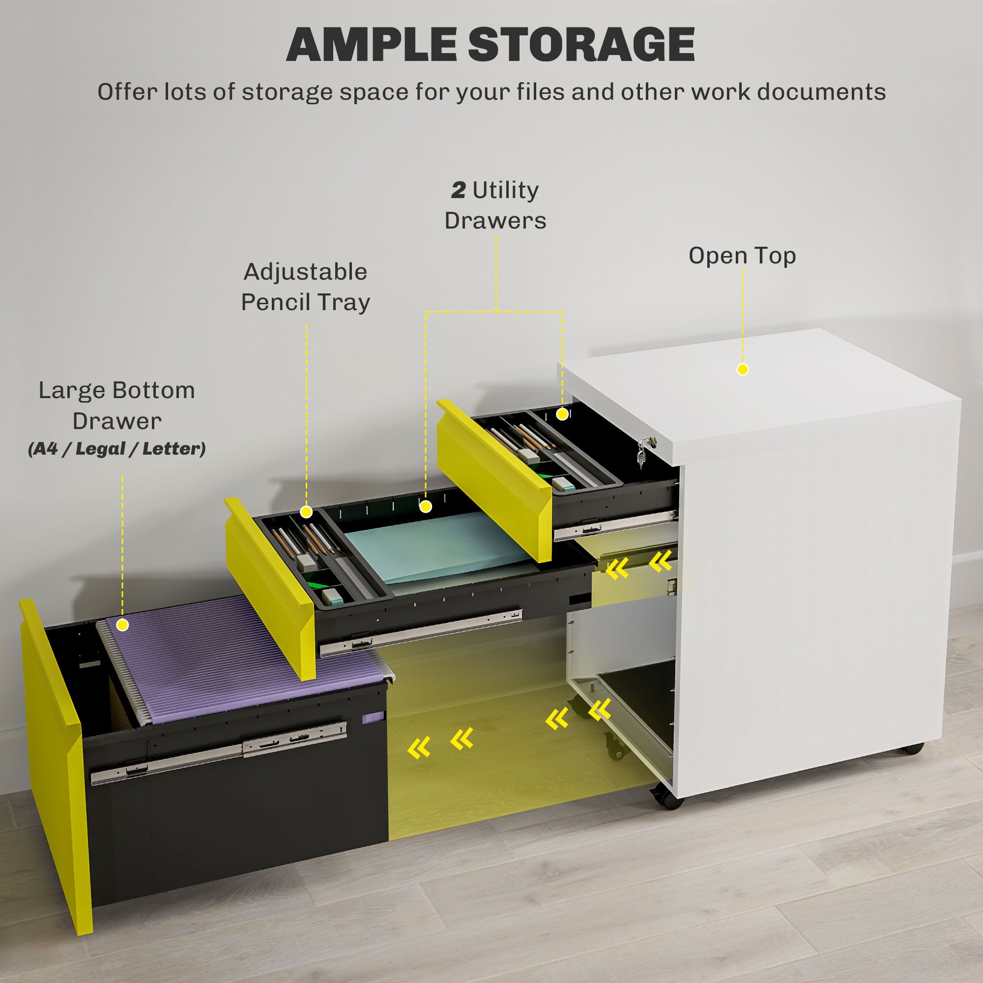 3 Drawer Filling Cabinet, Mobile Metal File Cabinet with Anti-tilt Design for Letter, A4, Legal Size, Yellow