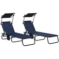 Set of Two Folding Sun Loungers with Adjustable Backs and Sun Canopies - Dark Blue