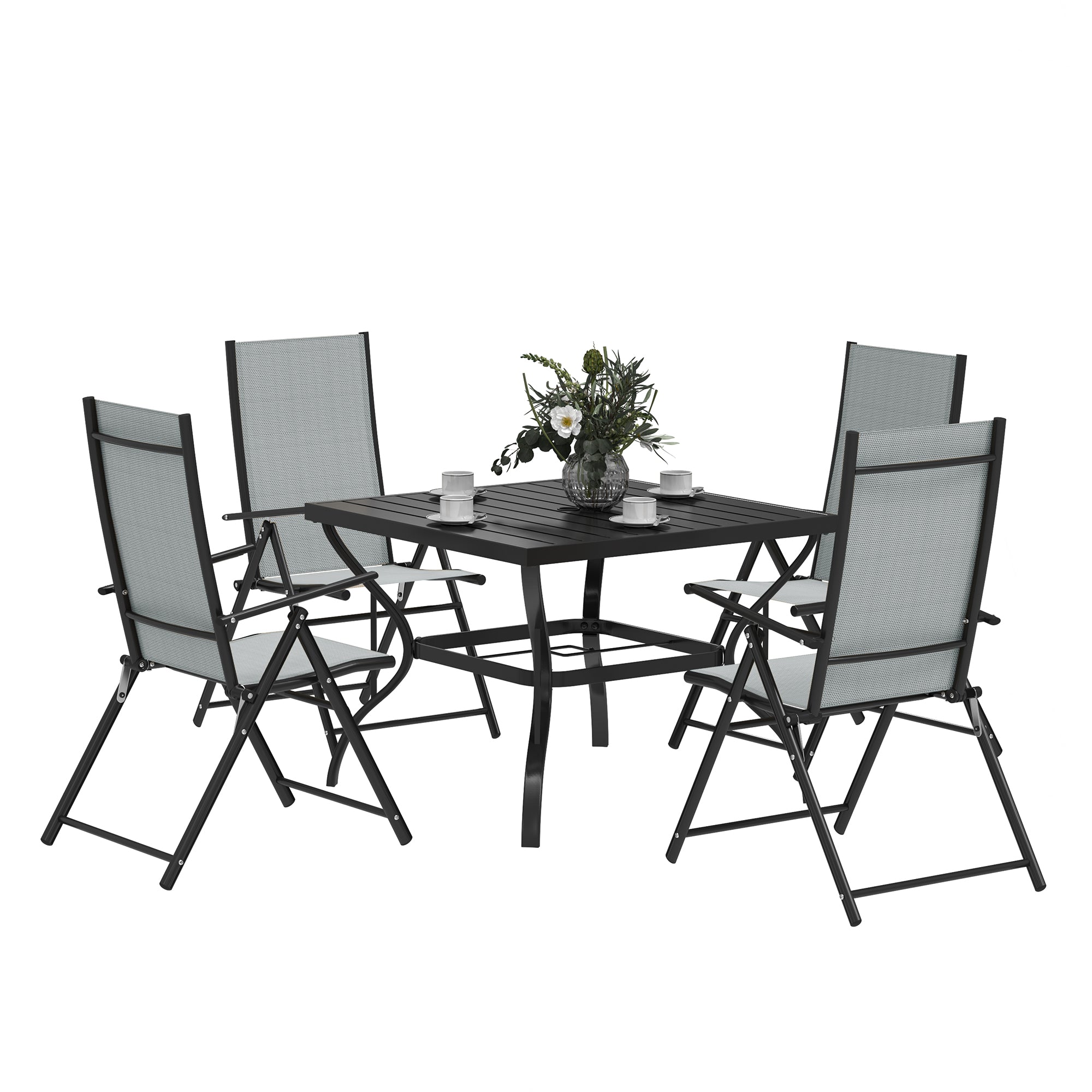 5 Piece Steel Frame Patio Dining Set with Folding Chairs - Grey Black