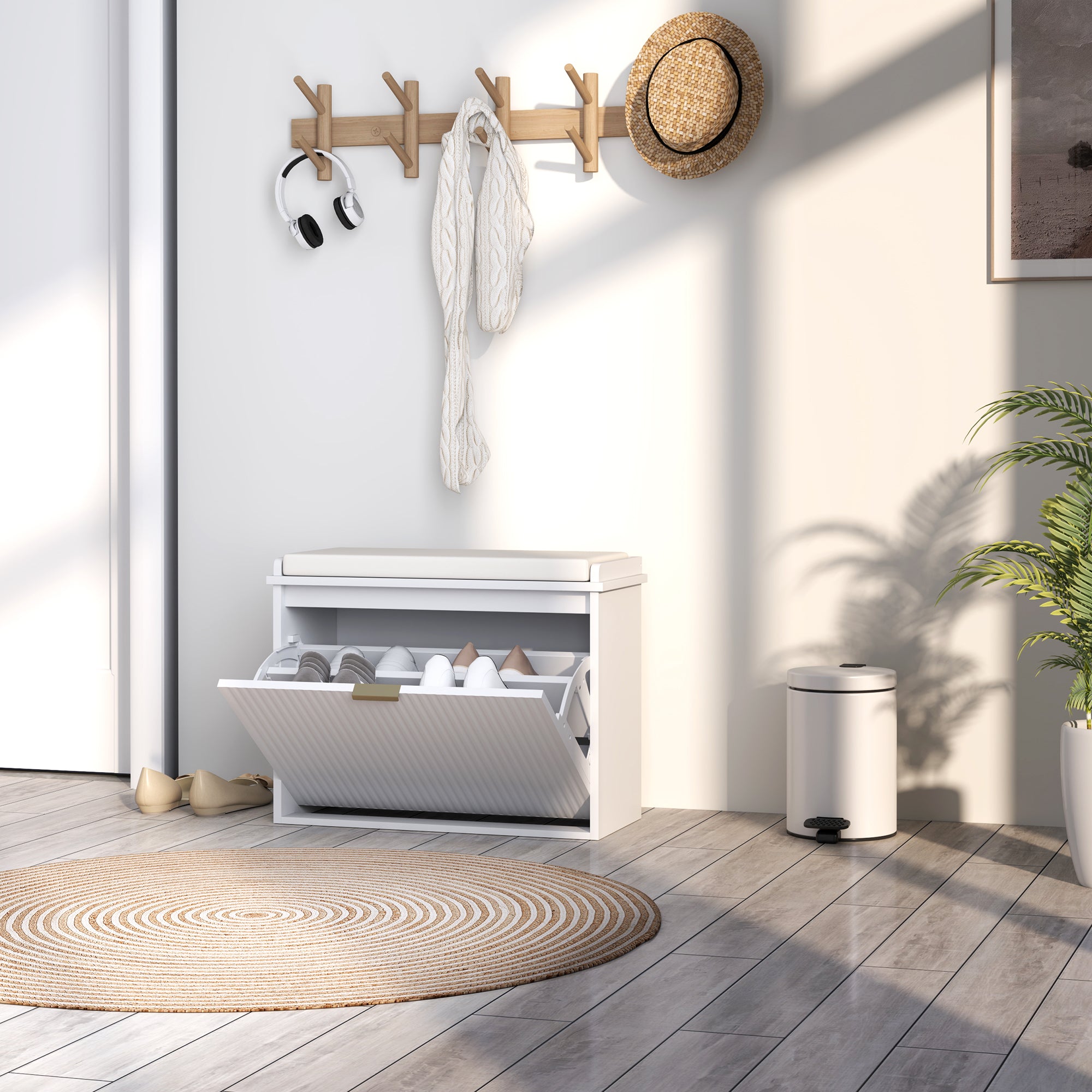 Elegant Six Shoe Bench, with Top Seat - White