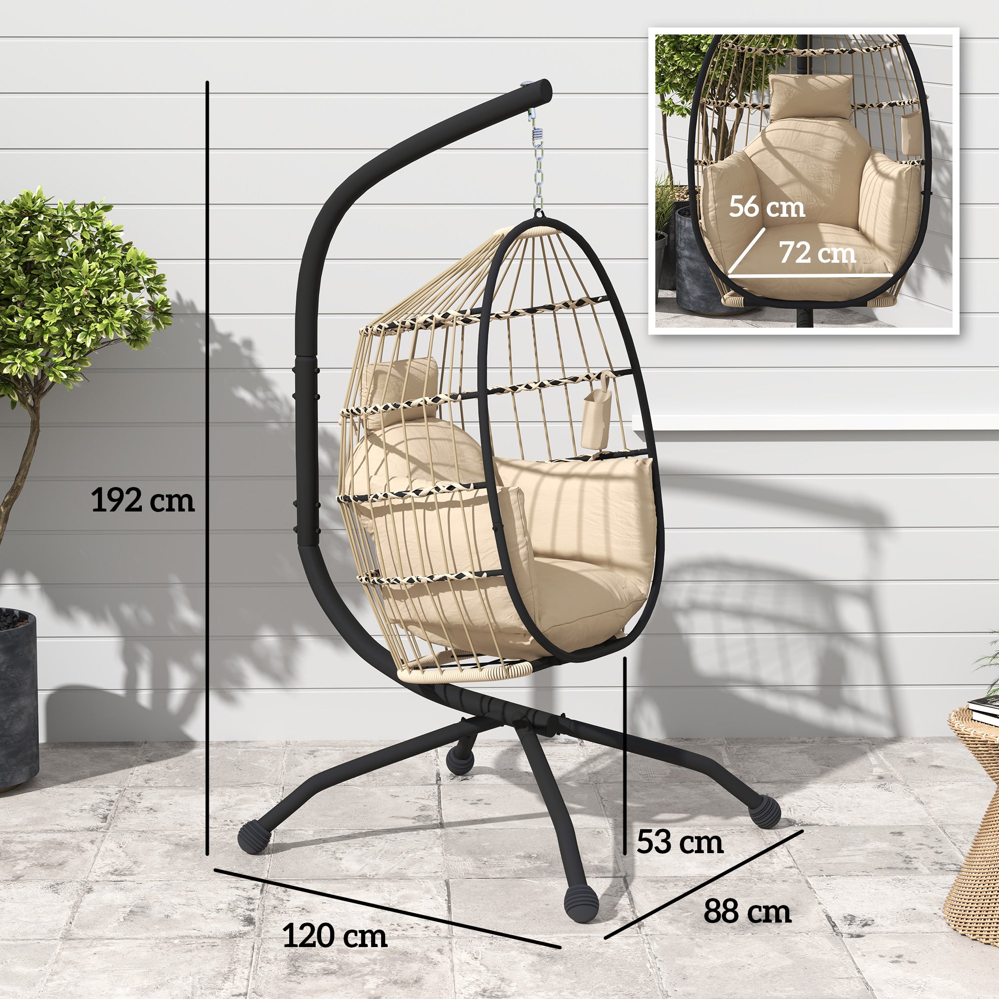 Hanging Egg Swing Chair with Folding Basket, Thick Cushion, Headrest & Cup Holder for Indoor Outdoor Patio Balcony - Khaki