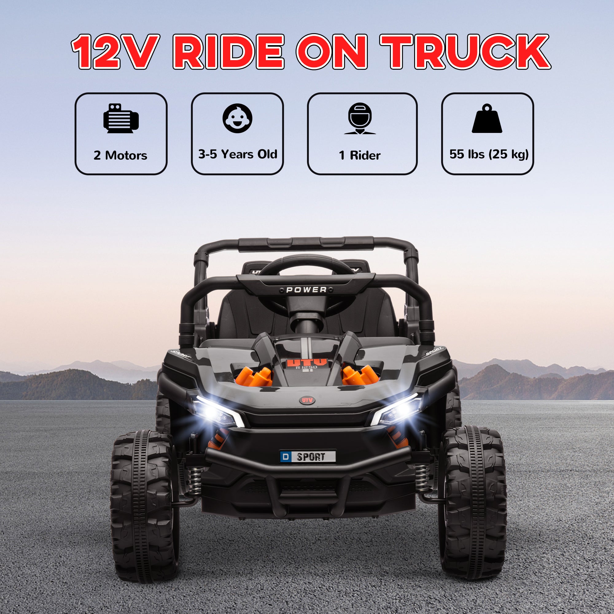 12V Battery Powered Ride on Truck w/ Remote, 4 Suspension Wheels, Horn Lights Music USB, for 3-5 Years Old - Black
