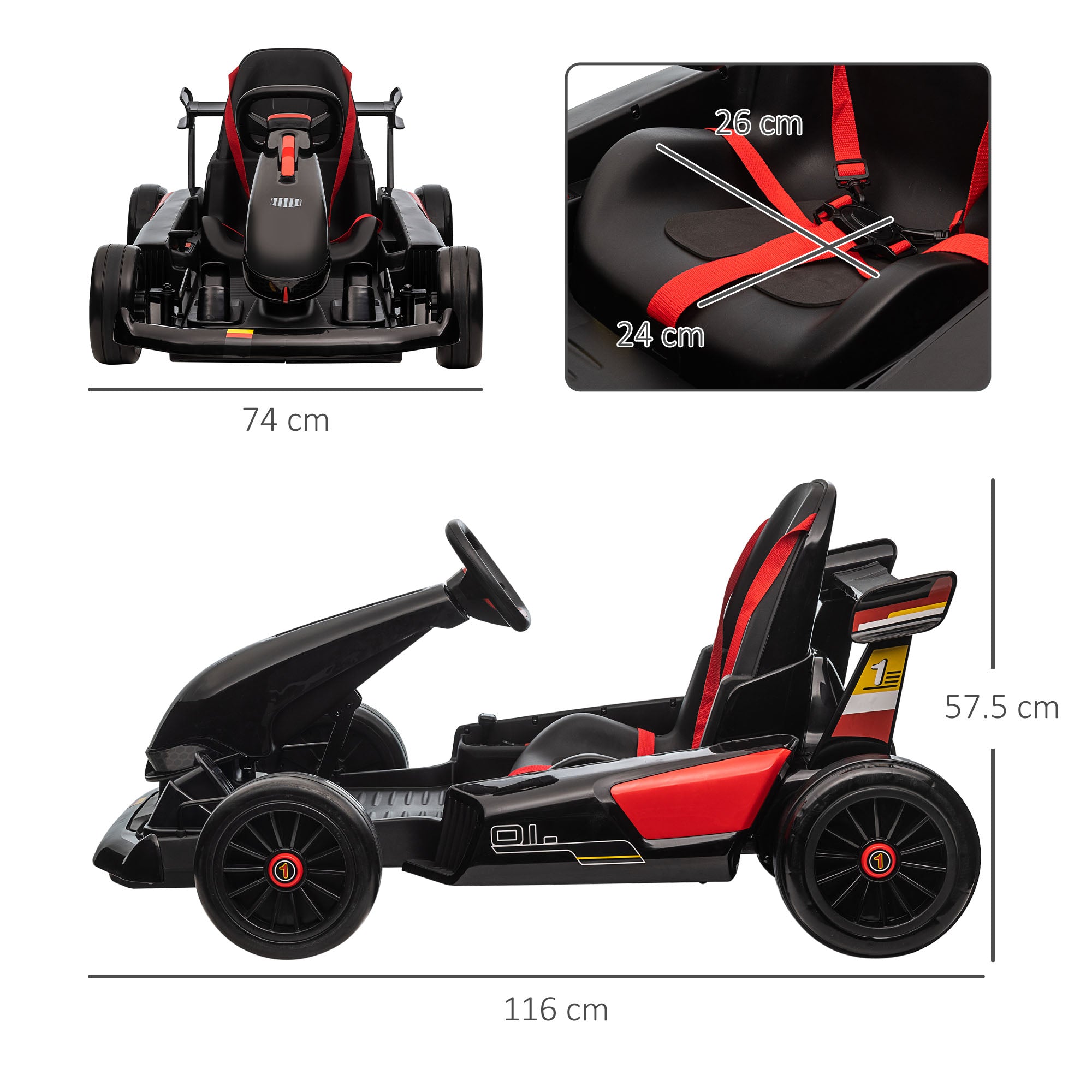 Electric Go Kart with Adjustable Footrest, Reversing Steering Wheel, Kids Ride-On Racing Go Kart with 12V Rechargeable Battery, 2 Speeds, Remote, Light Music Horn, Toy for Boys Girls - Black