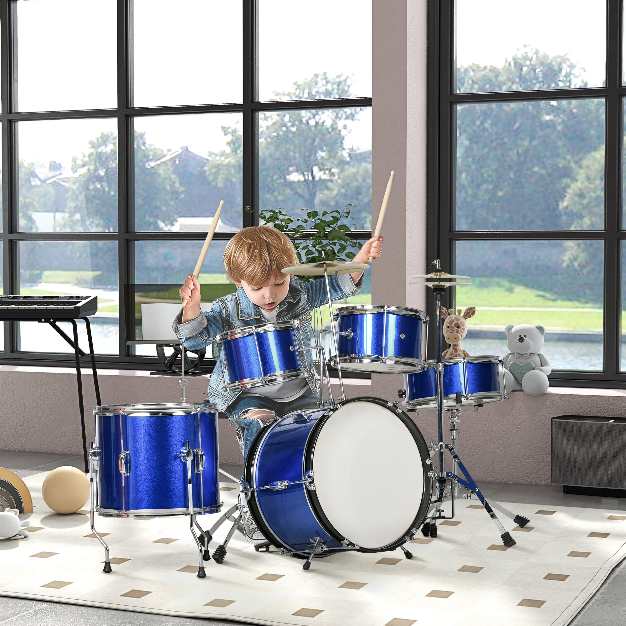 11-Piece Kids Drum Kits w/ Stool, Drumsticks, Pedal, Cymbals, for 3-6 Years, Blue