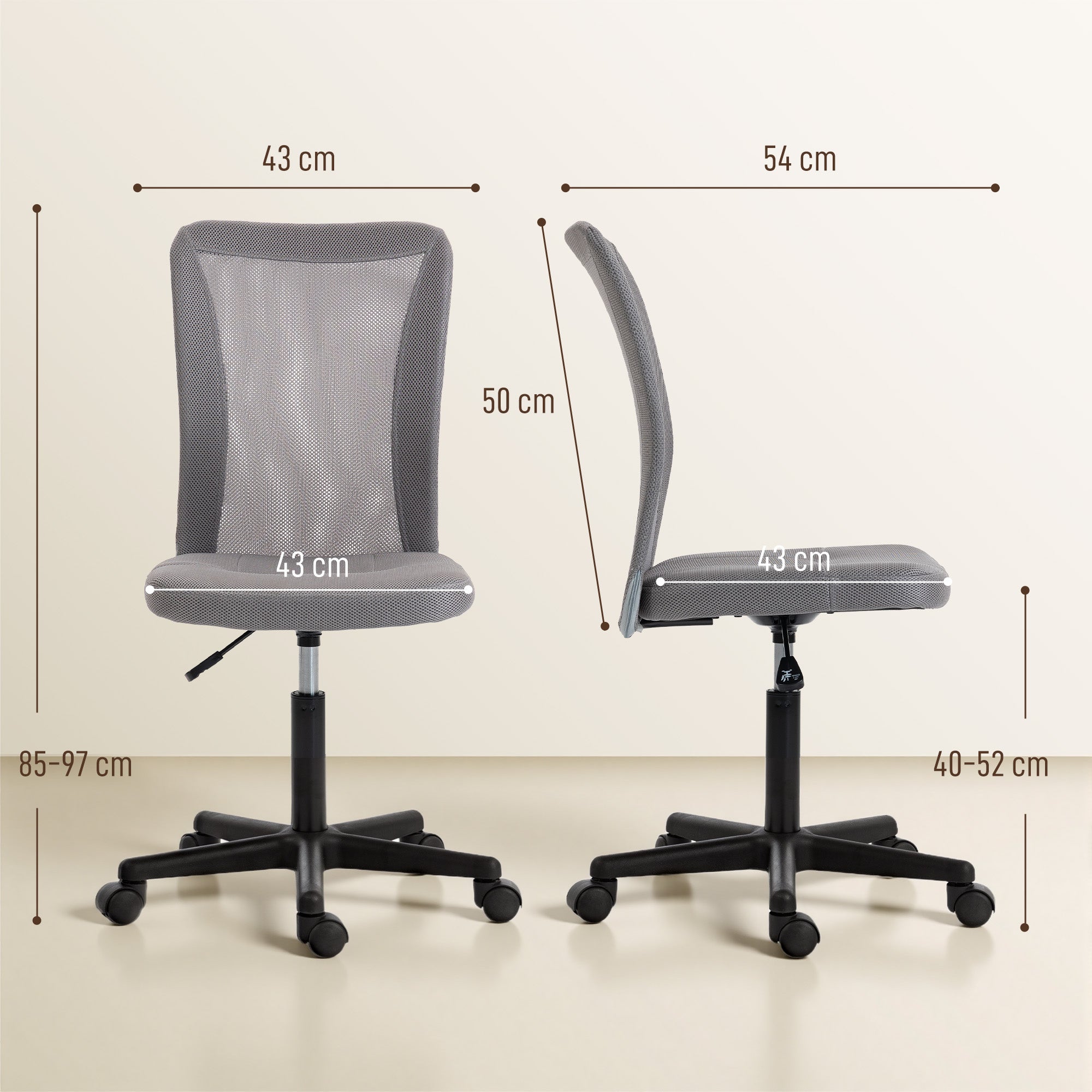 Computer Desk Chair, Mesh Office Chair with Adjustable Height and Swivel Wheels, Armless Study Chair, Grey