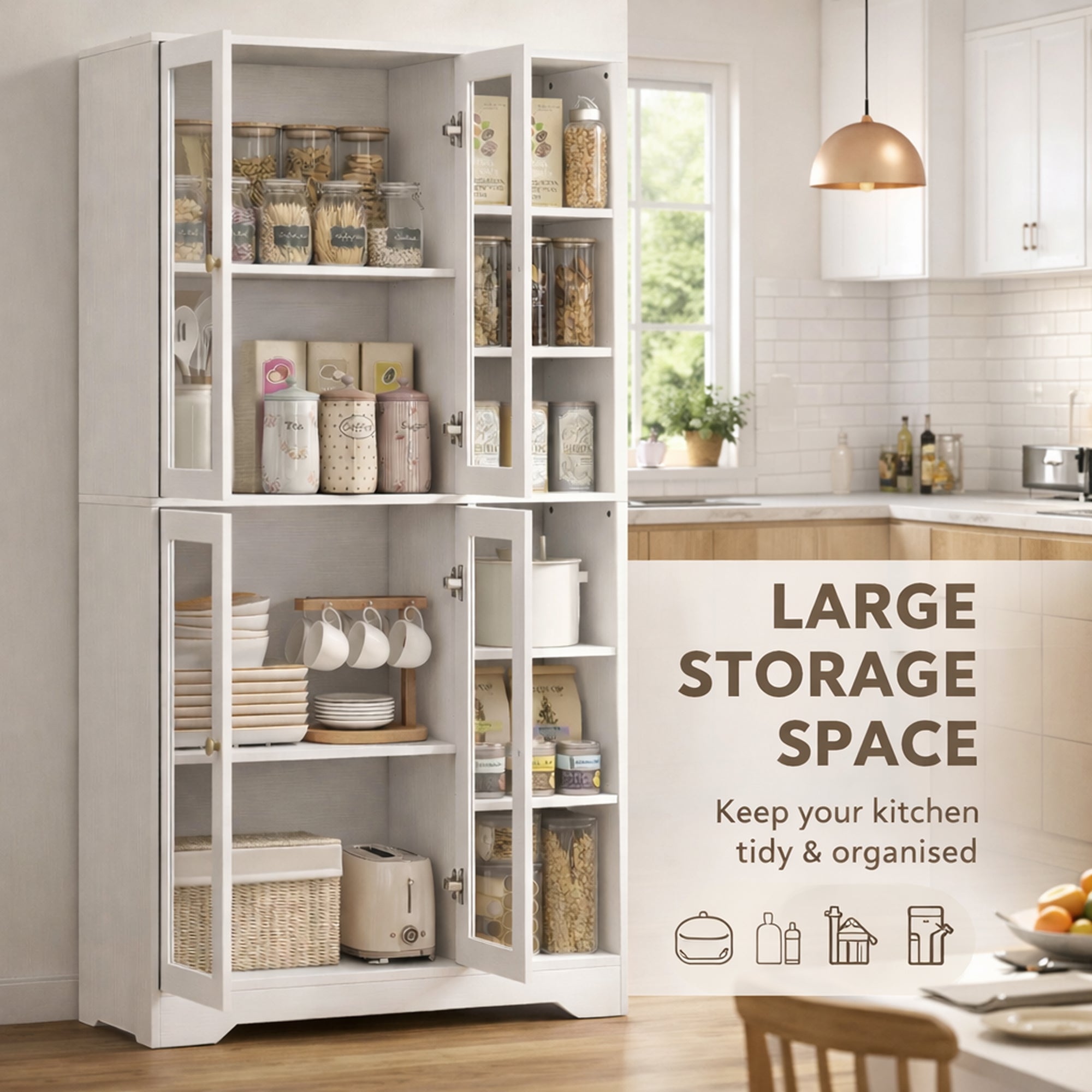 Multi-Storage Kitchen Cabinet, with Glass Doors - White Wood-Effect